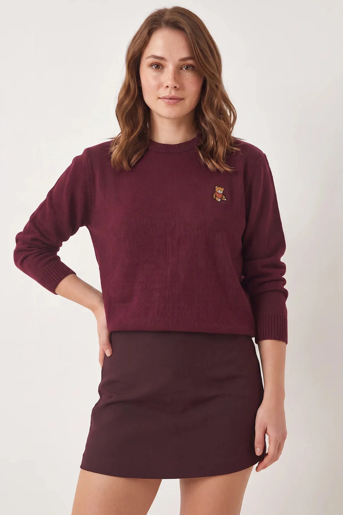 Kadın Teddy Nakışlı Basic Bordo Kazak