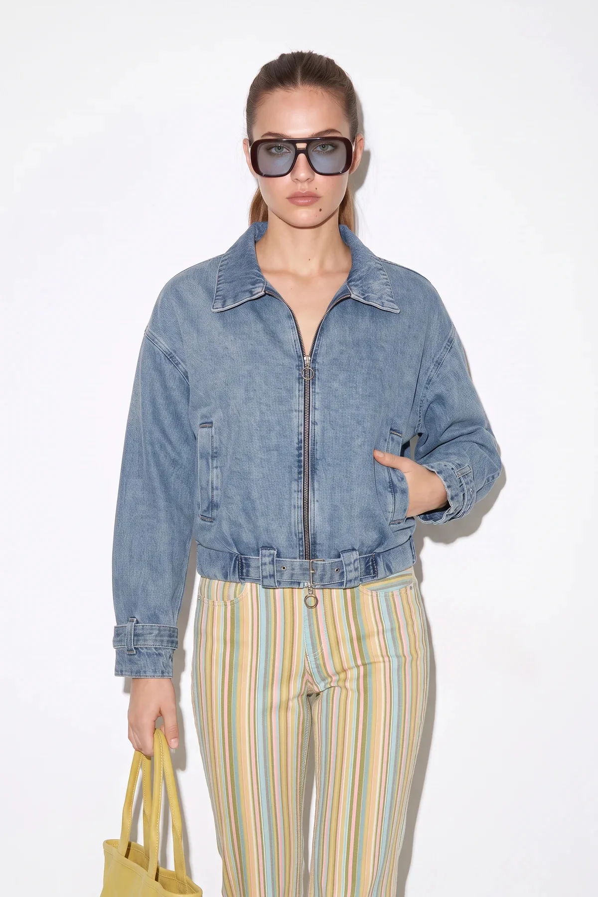 Kadın Fermuarlı Kemer Detaylı Oversize Denim Buz Mavisi Ceket