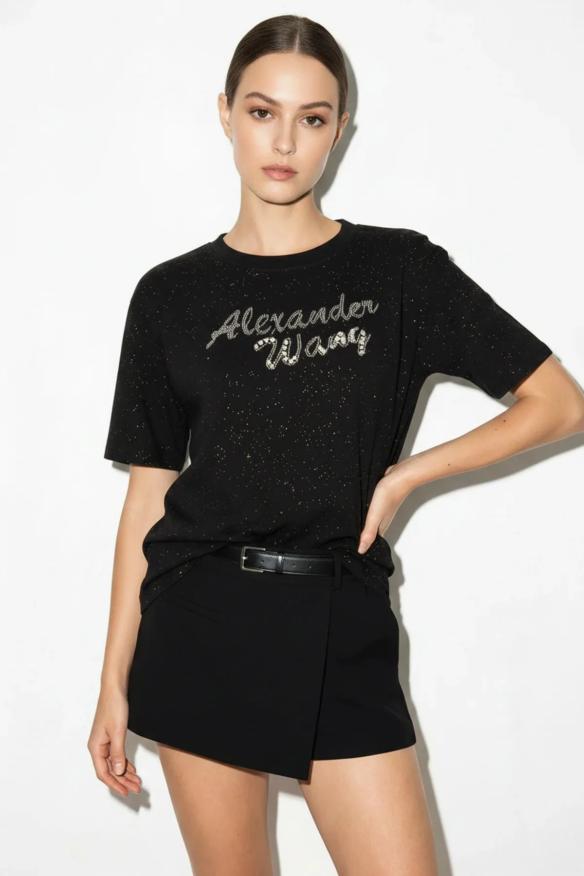 Kadın Simli Taş Yazı Baskılı Bisiklet Yaka Oversize Basic T Shirt Siyah