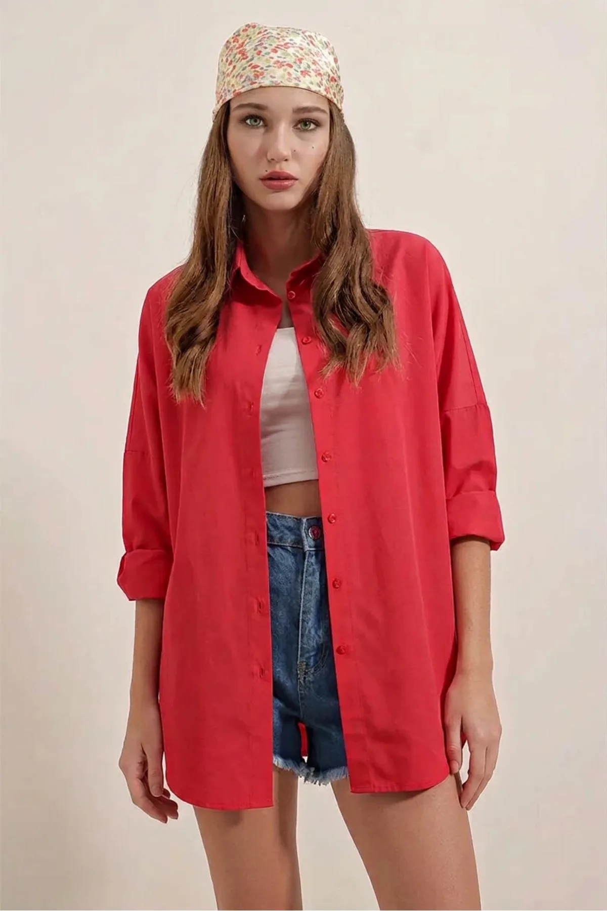 Kadın Basic Oversize Pamuklu Turuncu Gömlek