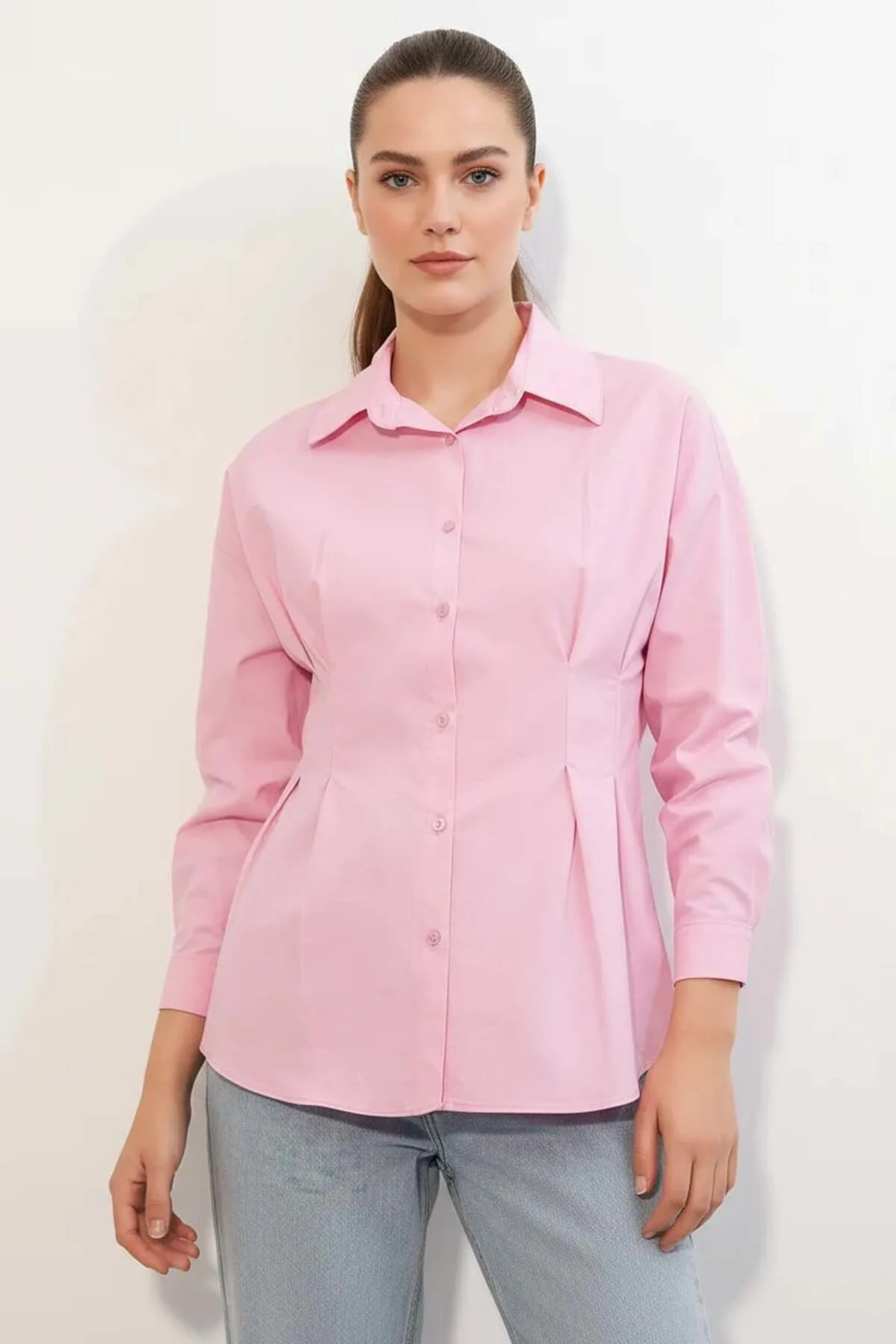Kadın Belden Oturtmalı Pembe Gömlek