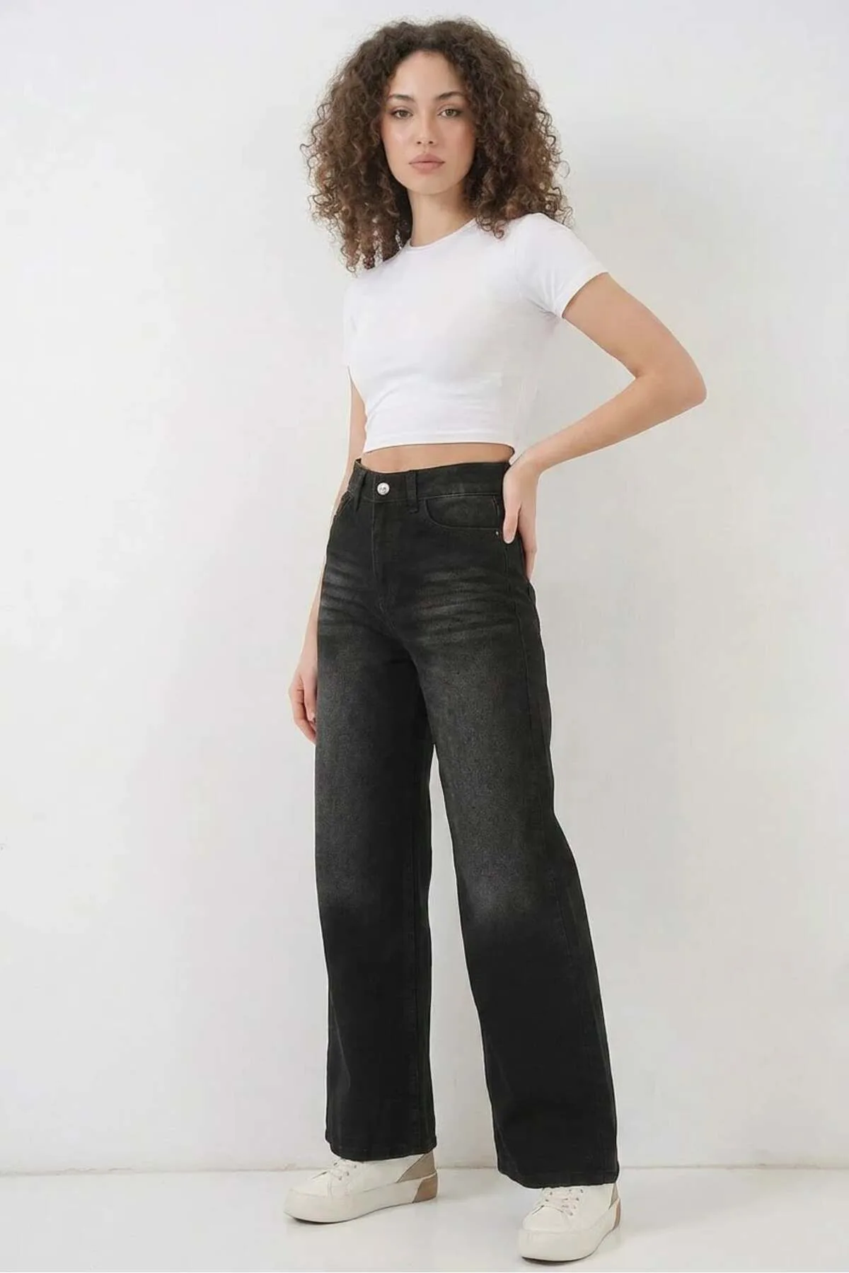 Kadın Yuvarlak Yaka Yüksek Bel Noktalı Desen Denim Bol Paça Beyaz Palazzo Pantolon