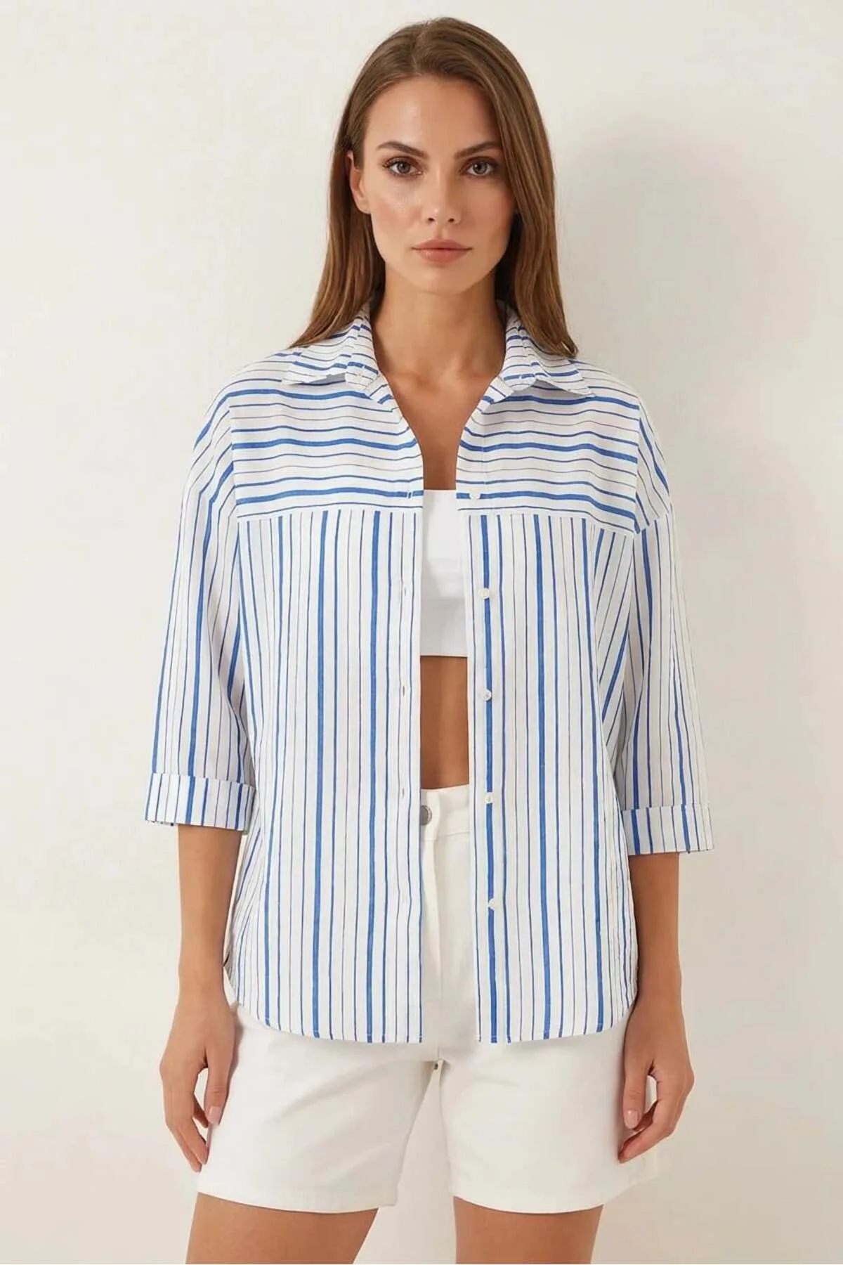 Kadın Kısa Kol Çizgili Pamuklu Mavi Gömlek