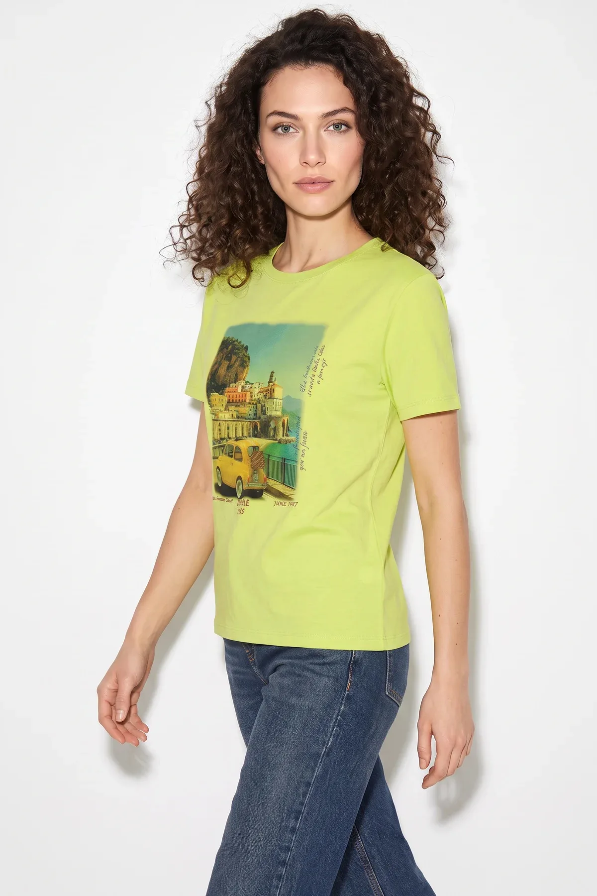 Kadın Italy Temalı Baskılı Premium Tasarım Pamuklu T Shirt Fıstık Yeşili