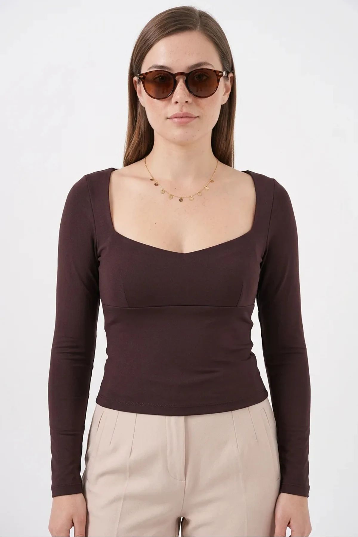 Kadın Kare Yaka Slim Fit Kahverengi Bluz