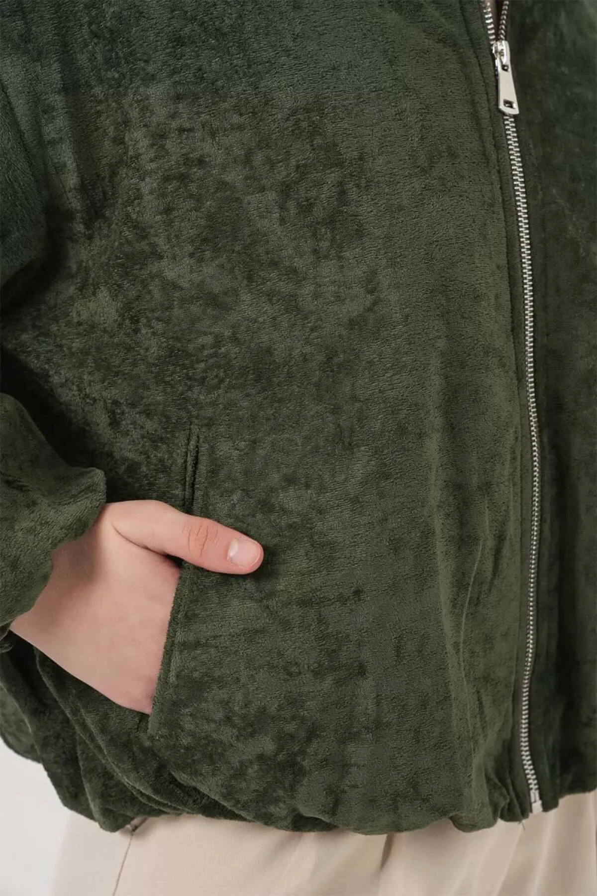 Kadın Gömlek Yaka Büzgülü Oversize Kadife Haki Ceket