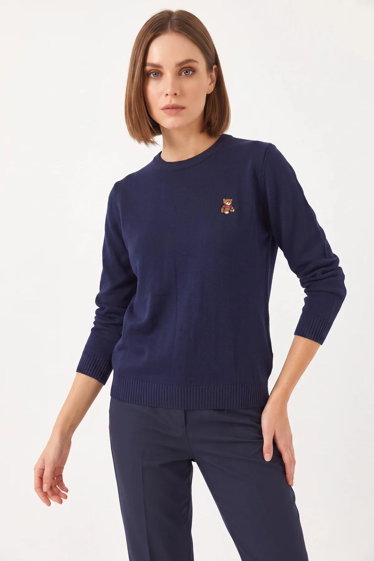 Kadın Teddy Nakışlı Basic Lacivert Kazak
