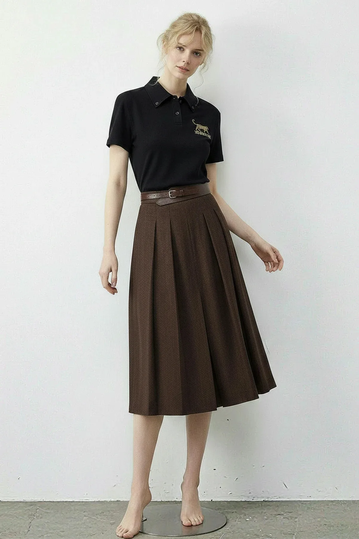 Kadın Tiger Nakışkı Fular Detaylı Polo Yaka T Shirt Siyah