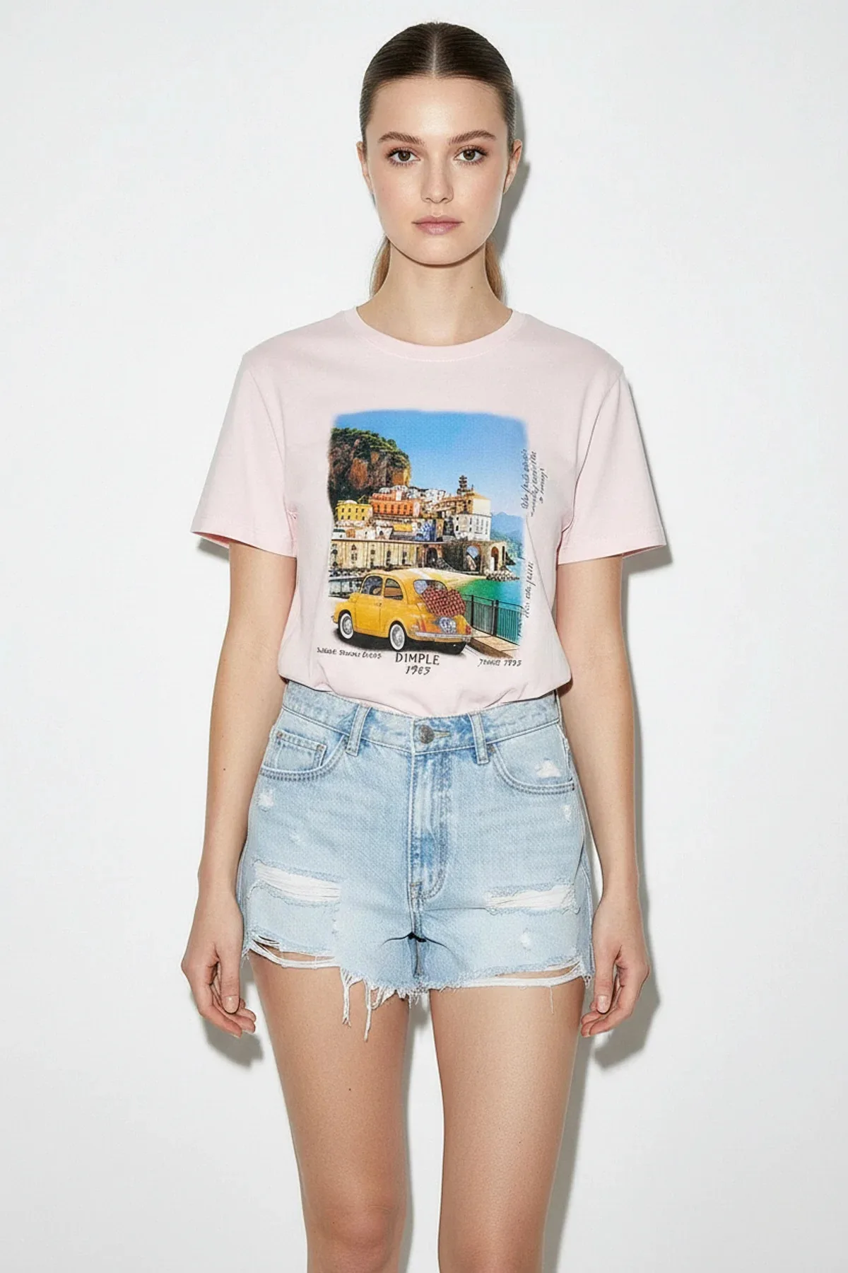 Kadın Italy Temalı Baskılı Premium Tasarım Pamuklu T Shirt Toz Pembe