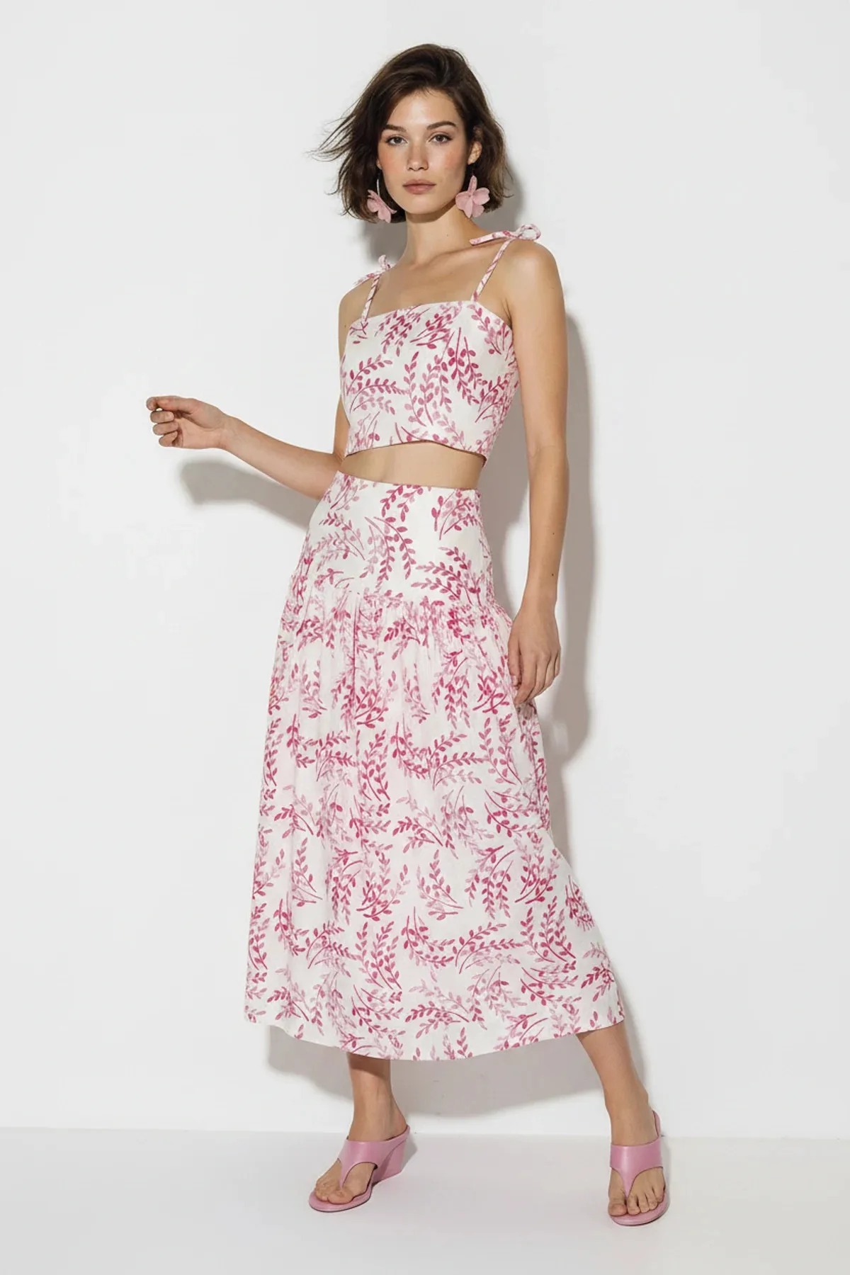 Kadın Crop Bluz Midi Etekli Desenli Keten Pembe Alt Üst Takım