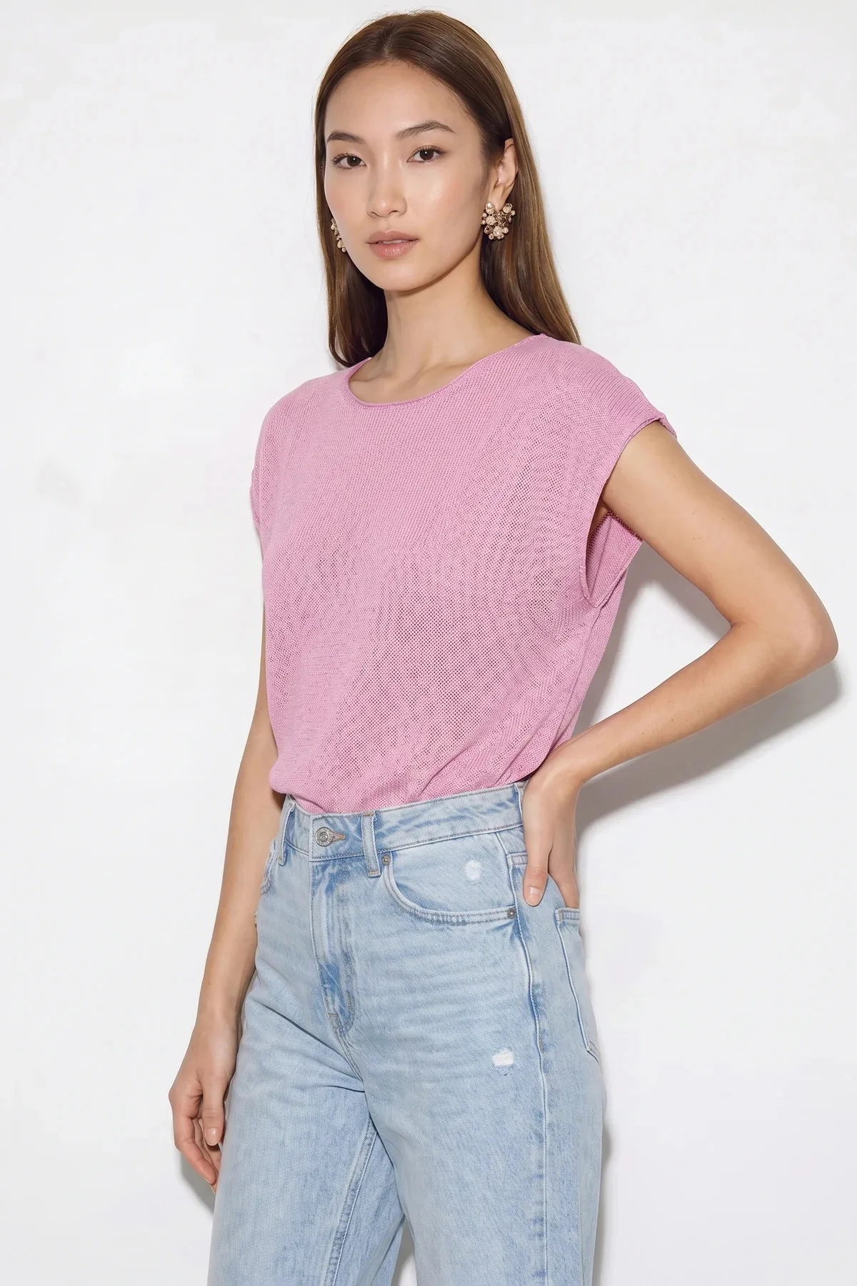 Kadın Kayık Yaka Yarasa Kol Pamuklu Triko Pembe Bluz