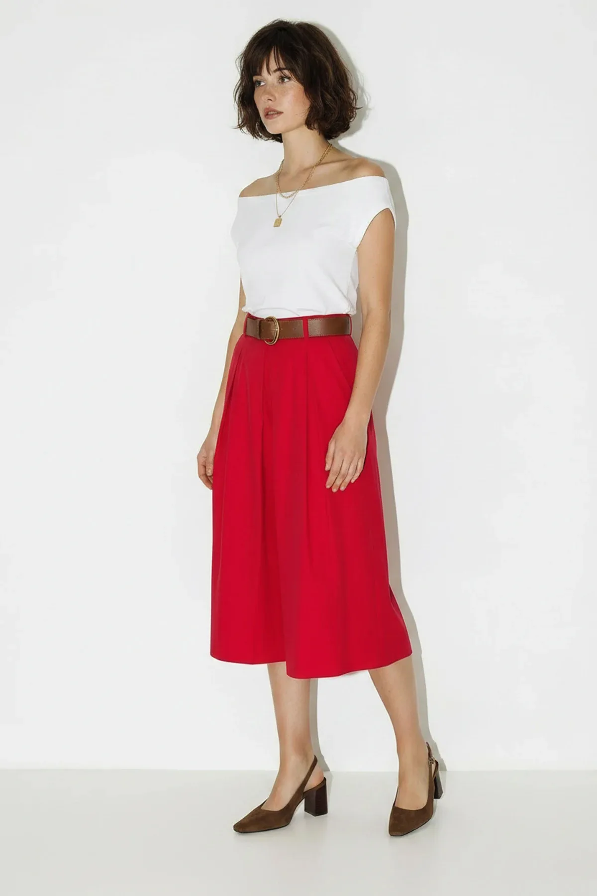 Kadın Yüksek Bel Pile Detaylı Geniş Paça Culotte Kırmızı Pantolon