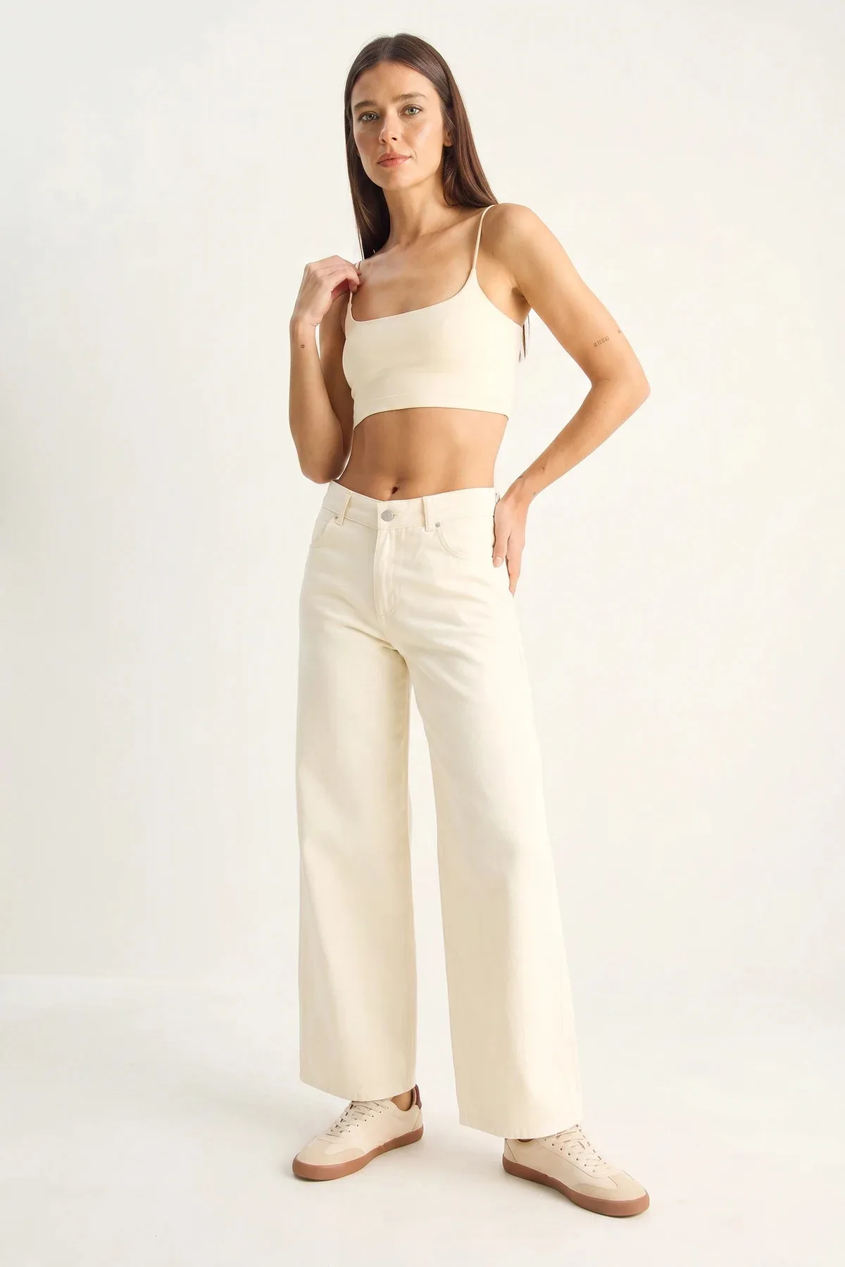 Kadın Desenli Cep Detaylı Yüksek Bel Wide Leg Denim Krem Pantolon