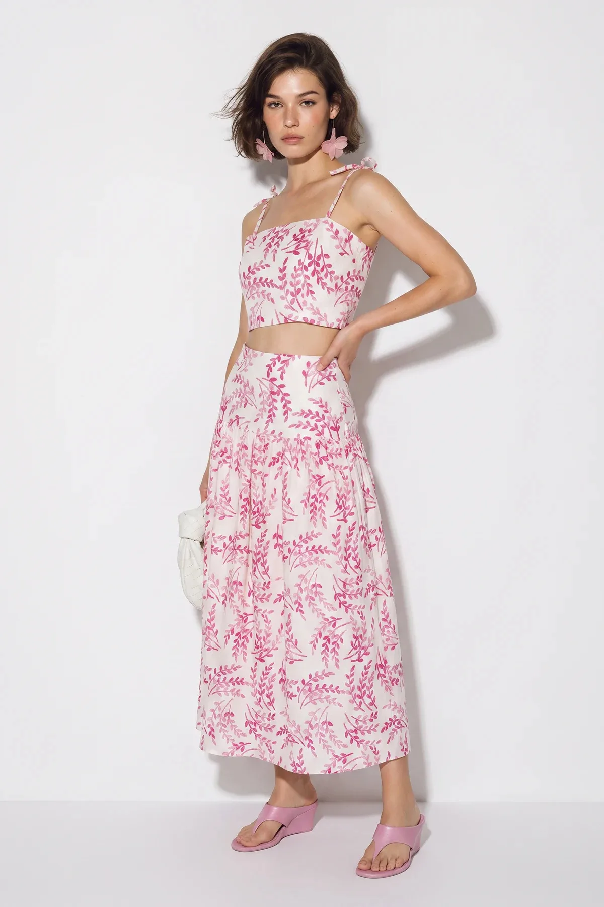 Kadın Crop Bluz Midi Etekli Desenli Keten Pembe Alt Üst Takım