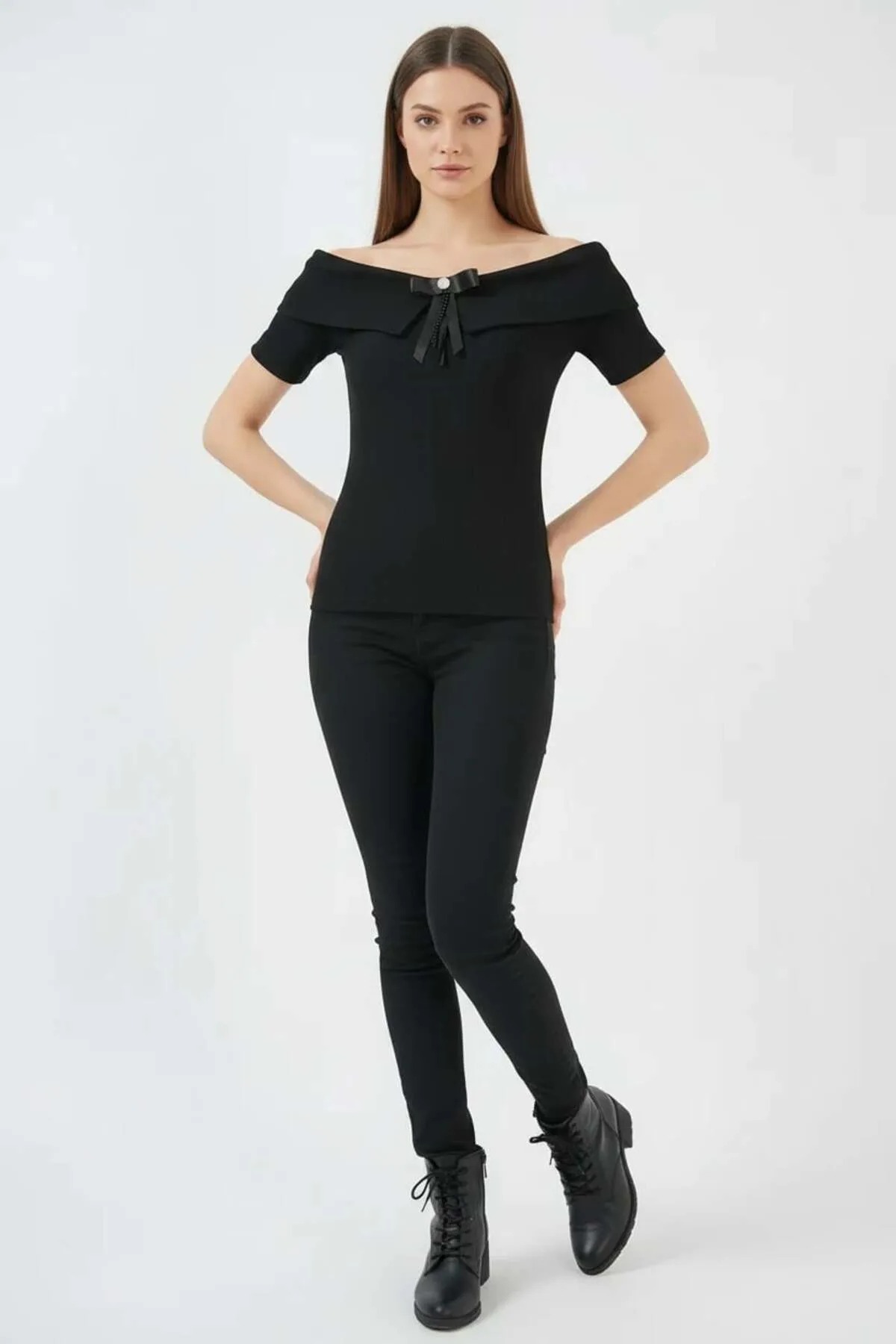 Kadın Off Shoulder Kurdele Detaylı Siyah Bluz