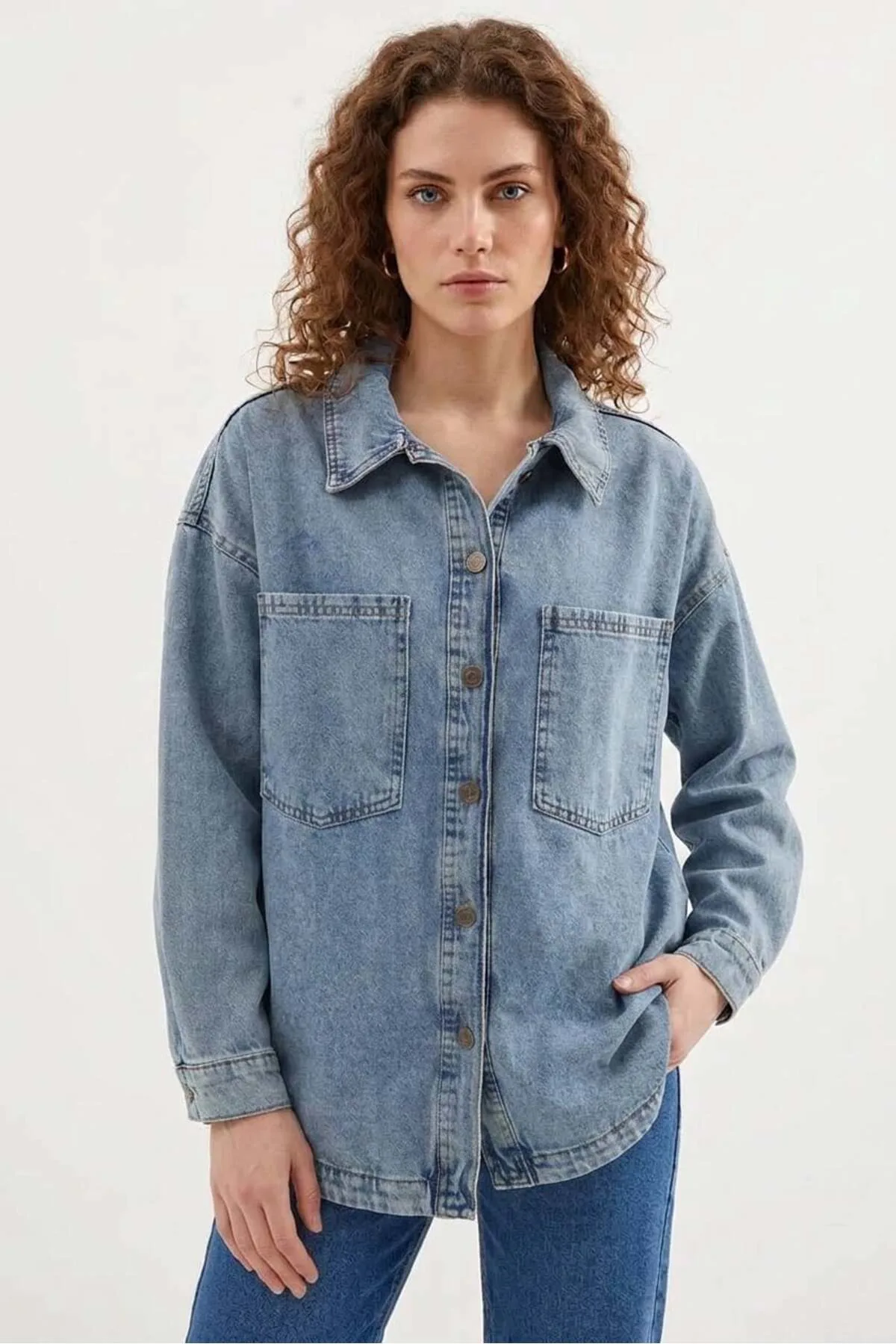 Kadın Gömlek Yaka Çift Cepli Oversize Pamuklu Buz Mavisi Ceket