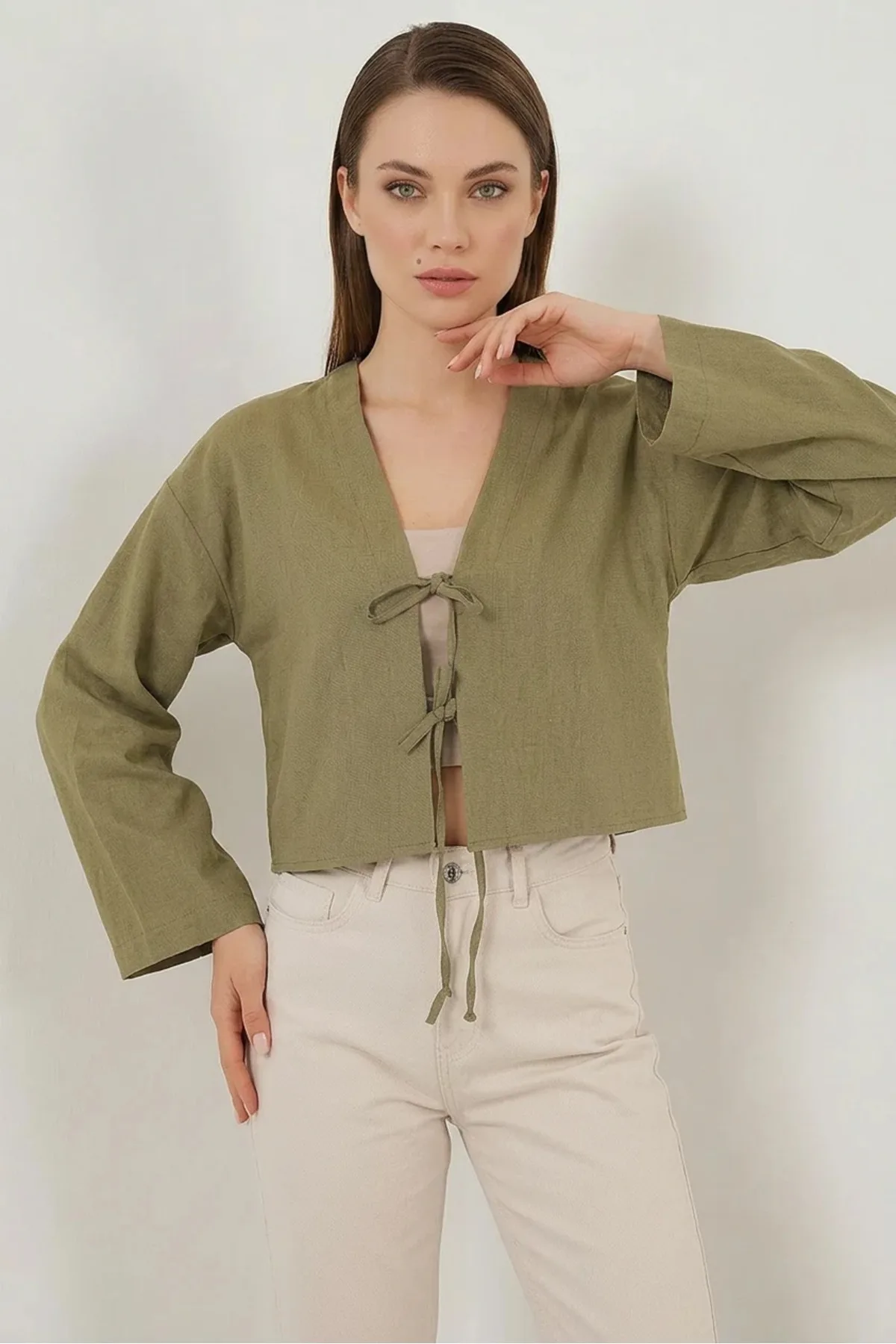 Kadın Önü Bağlamalı Keten Yeşili Çağla Kimono