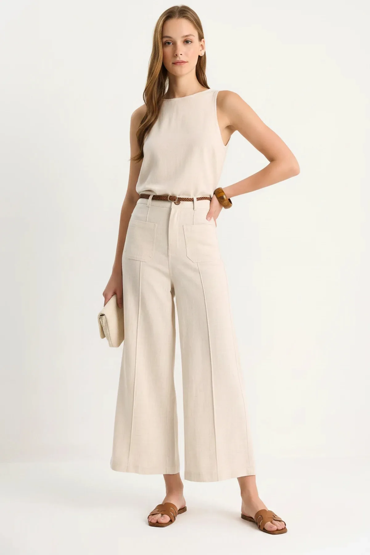 Kadın Kemerli Culotte Bej Pantolon