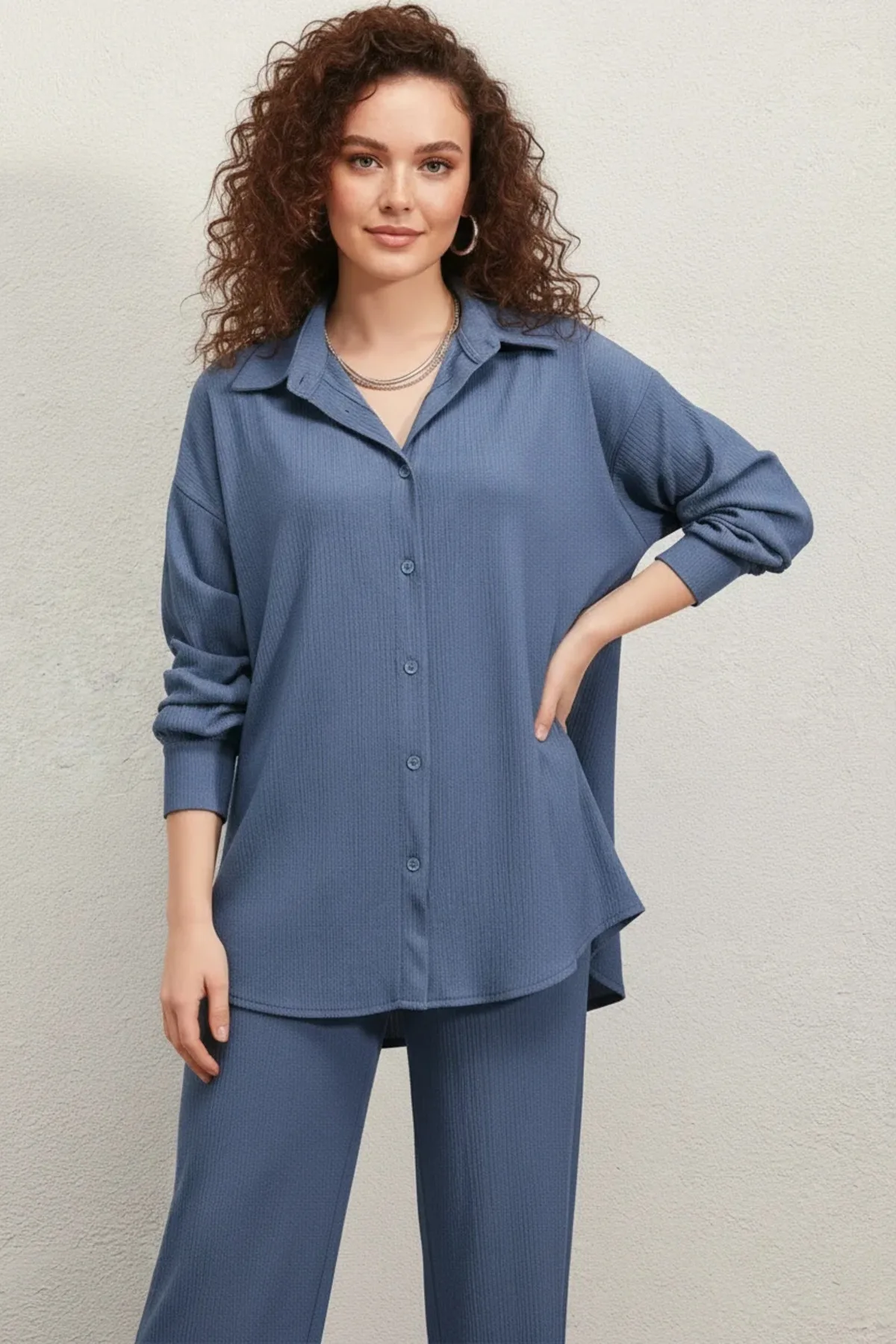 Kadın Gömlek Yaka Oversize Dikey Çizgili Kumaş Antrasit İkili Takım