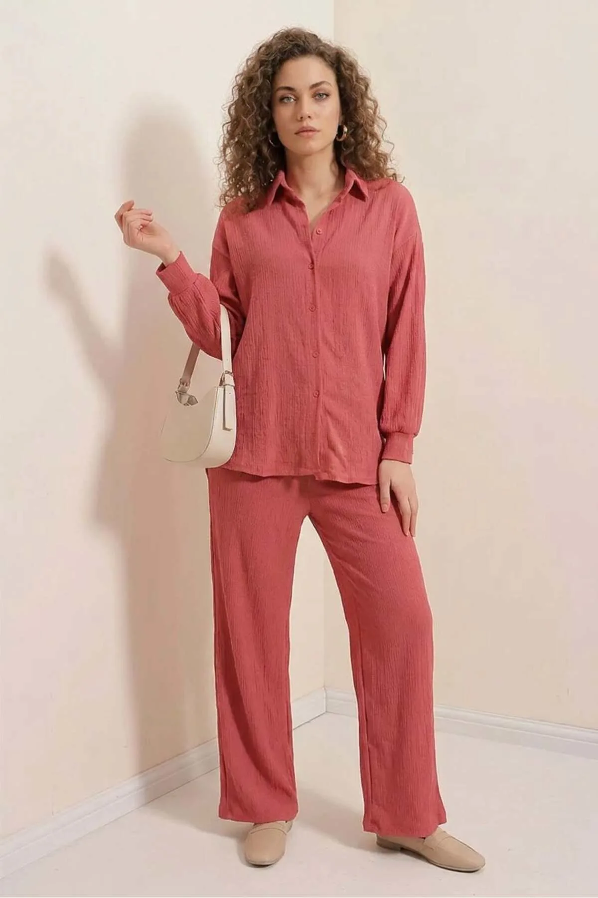 Kadın Gömlek Yaka Oversize Turuncu İkili Takım