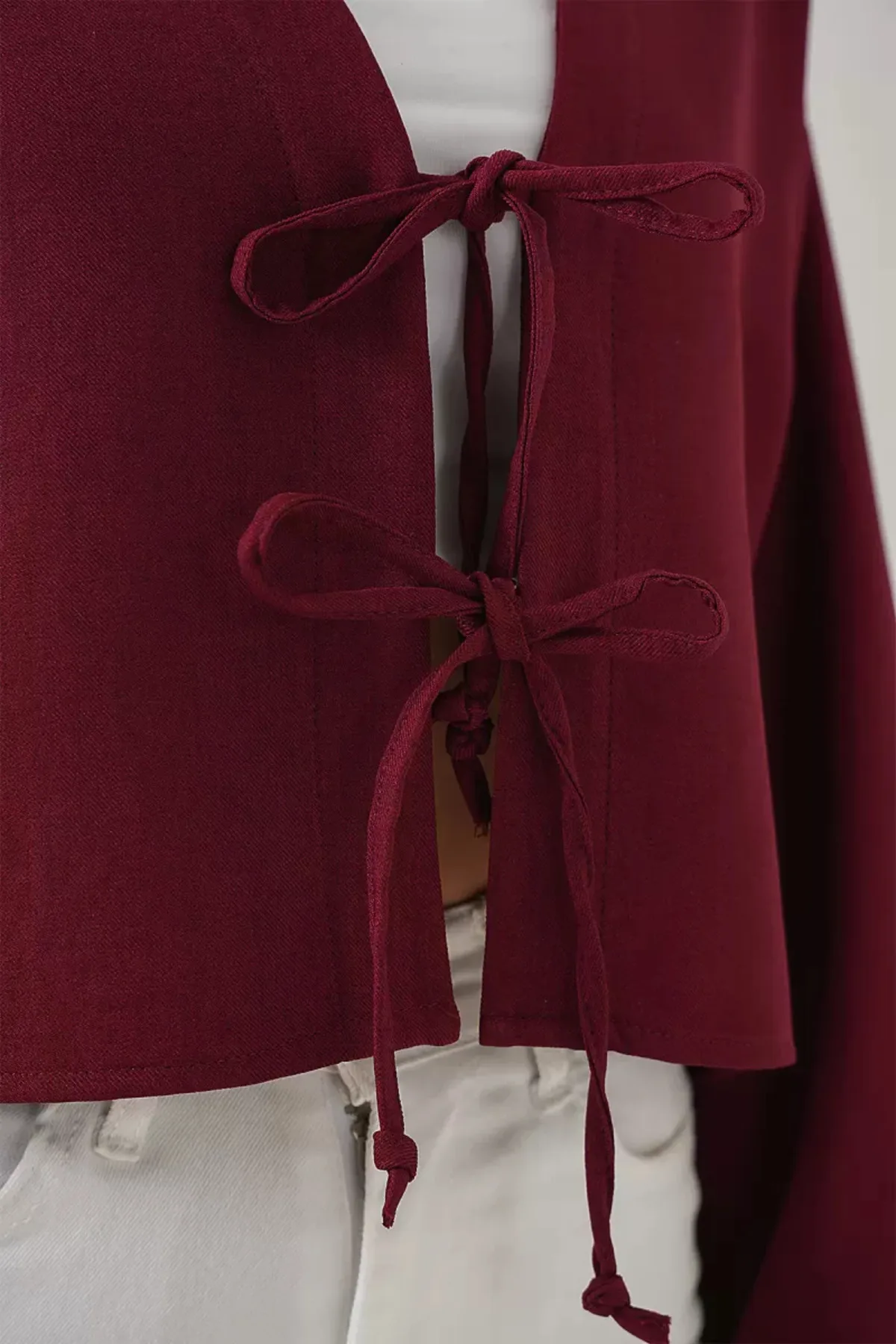 Kadın V Yaka Önü Bağlamalı Keten Bordo Kimono