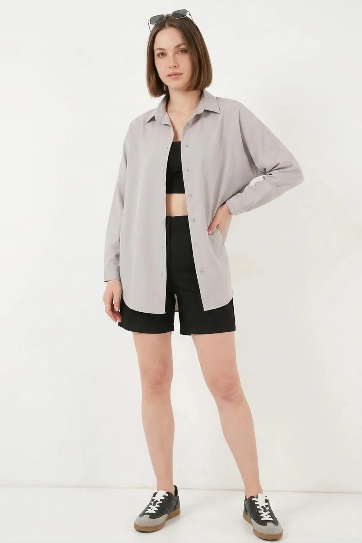 Kadın Oversize Kesim Basic Pamuklu Haki Gömlek