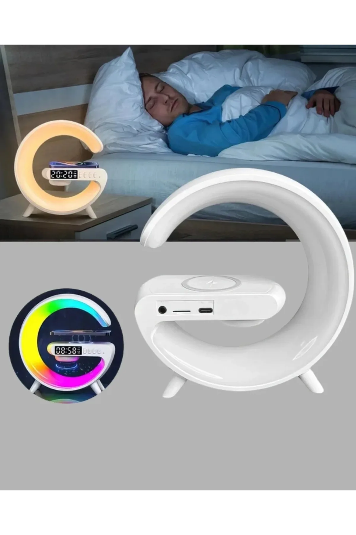 Bluetooth Hoparlörlü Rgb Atmosfer Lambası Kablosuz Şarj Ve Saat Özellikli
