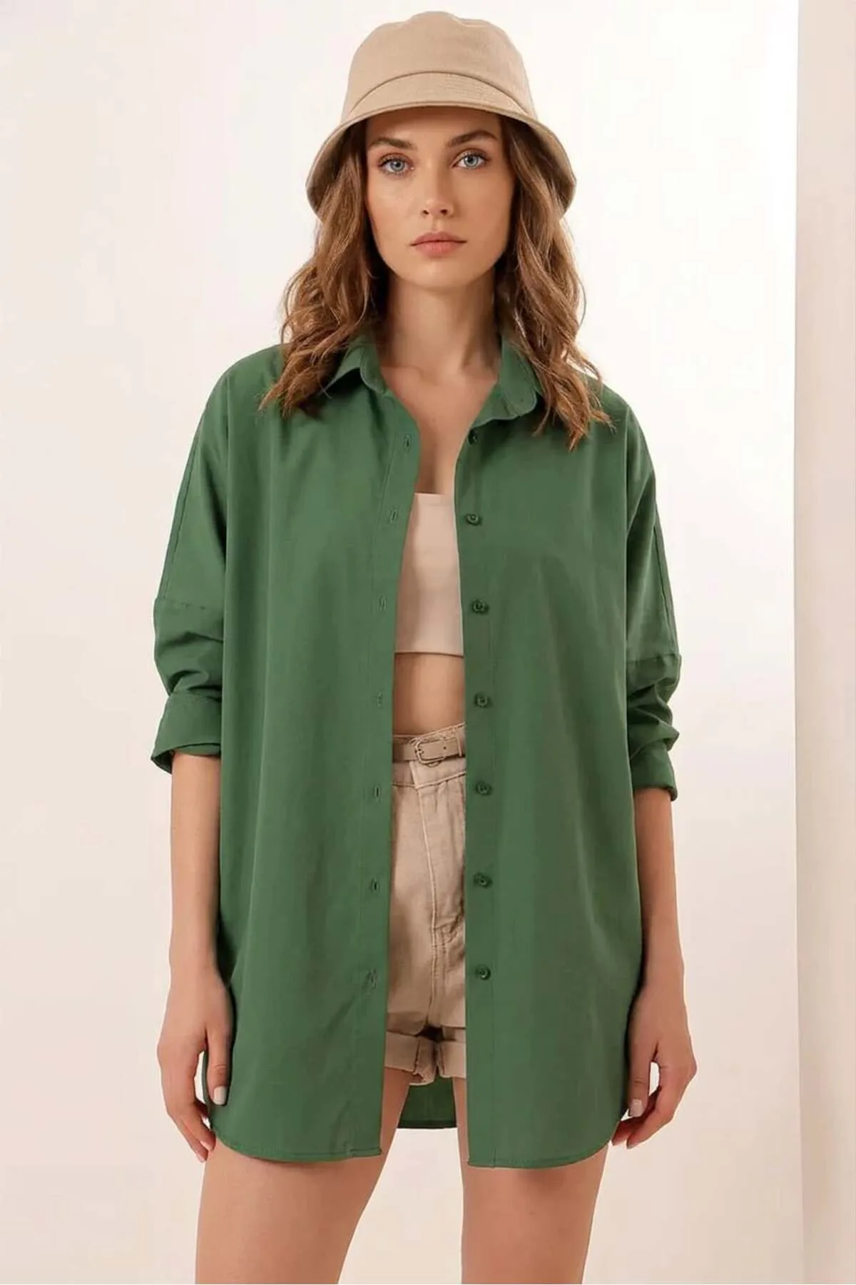 Kadın Oversize Basic Pamuklu Kiremit Gömlek