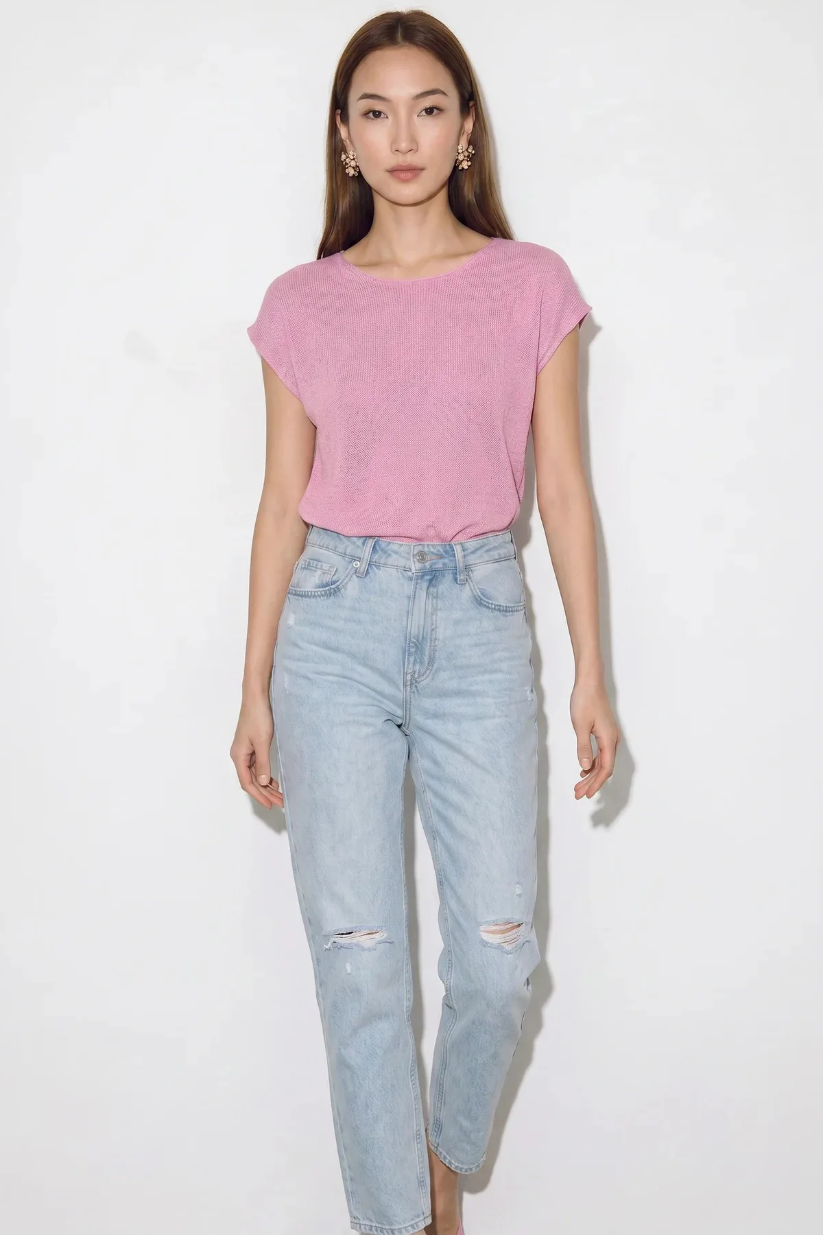 Kadın Kayık Yaka Yarasa Kol Pamuklu Triko Pembe Bluz