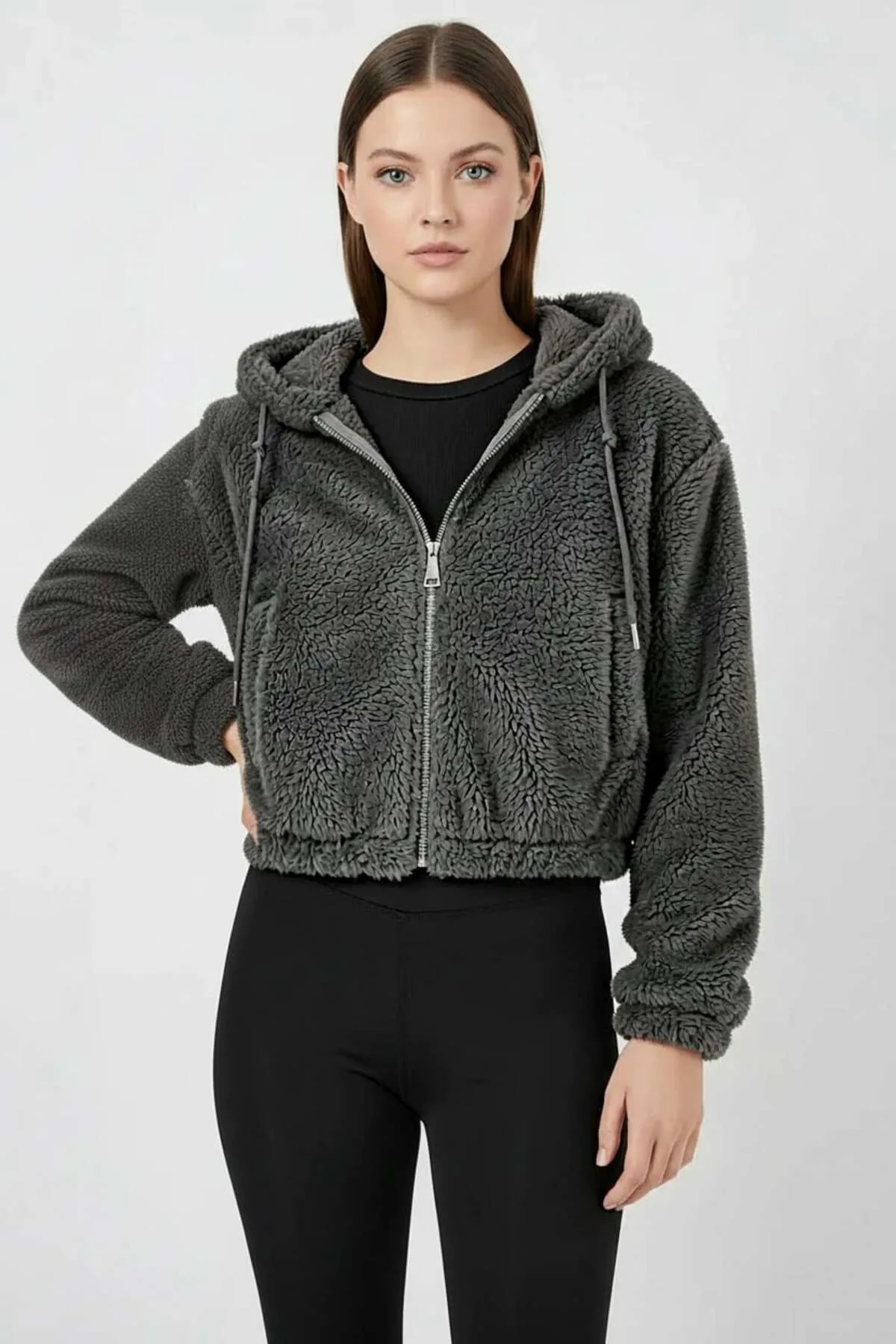 Kadın Kapüşonlu Crop Peluş Antrasit Ceket