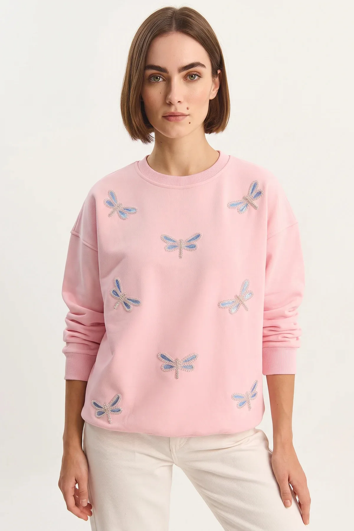 Kadın Bisiklet Yaka Yusufcuk Taş İşlemeli Relaxed Şeker Pembe Sweatshirt