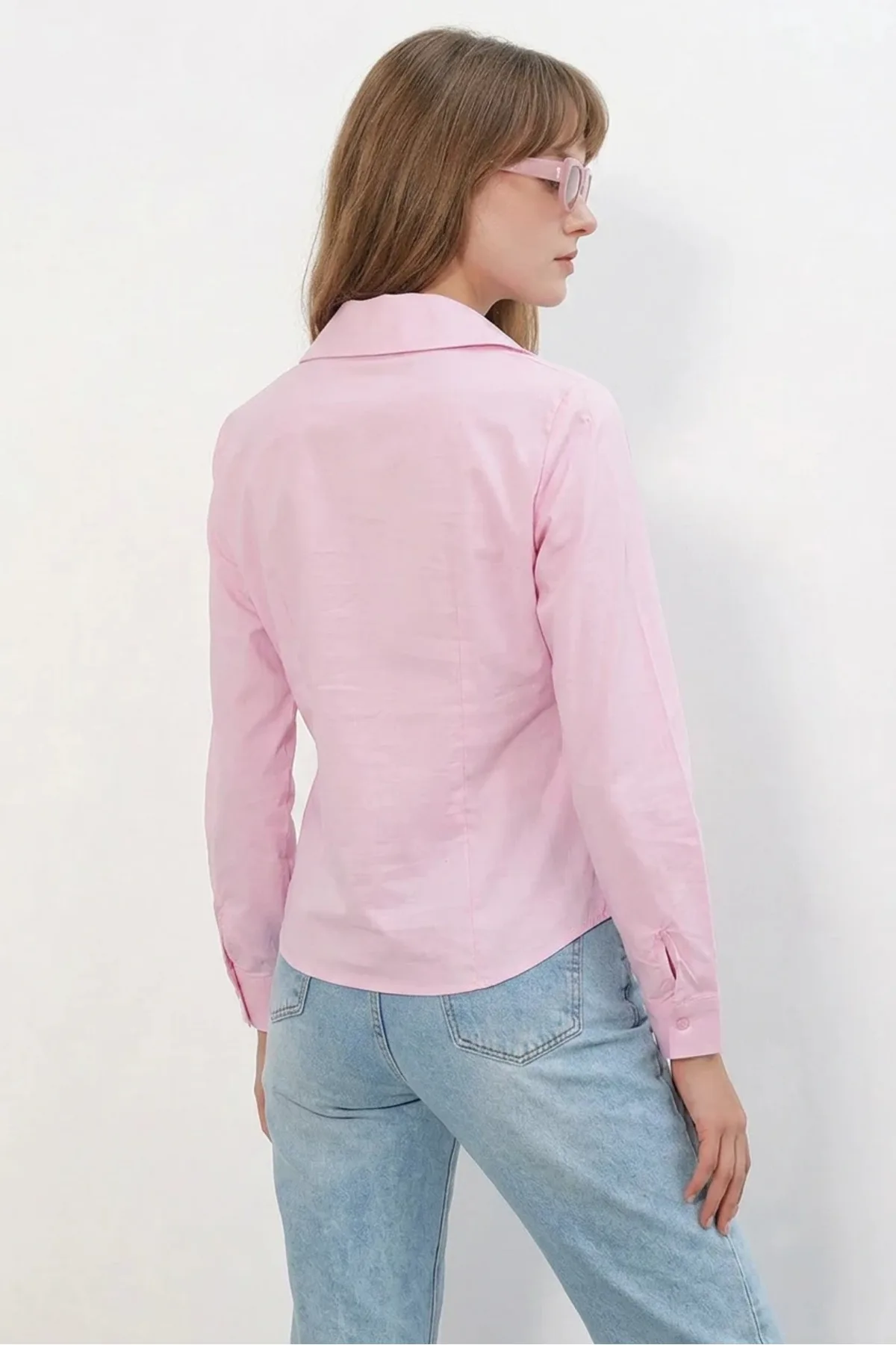 Kadın Klasik Yaka Basic Pembe Gömlek
