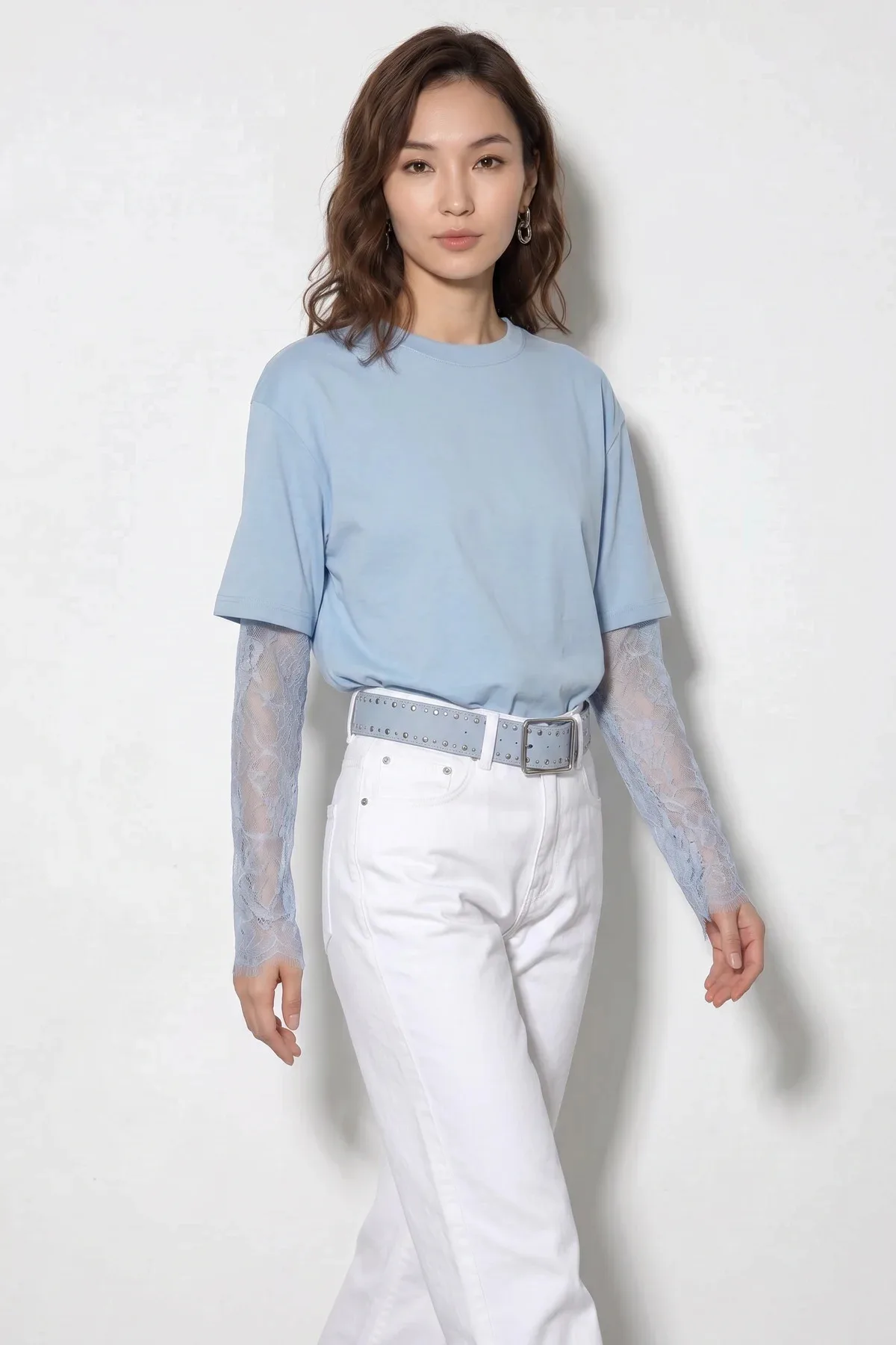 Kadın Bisiklet Yaka Dantel Kollu Oversize Pamuklu T Shirt Acı Kahve T-Shirt