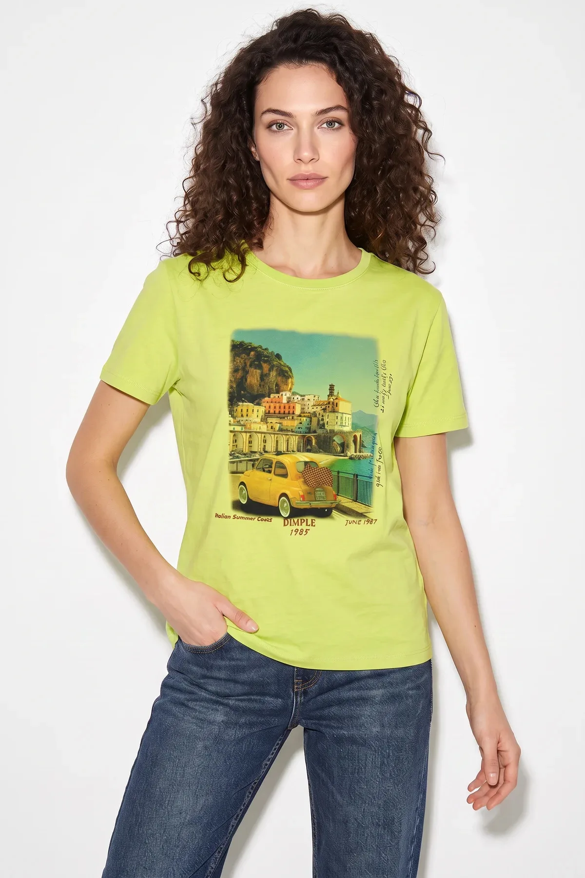 Kadın Italy Temalı Baskılı Premium Tasarım Pamuklu T Shirt Fıstık Yeşili