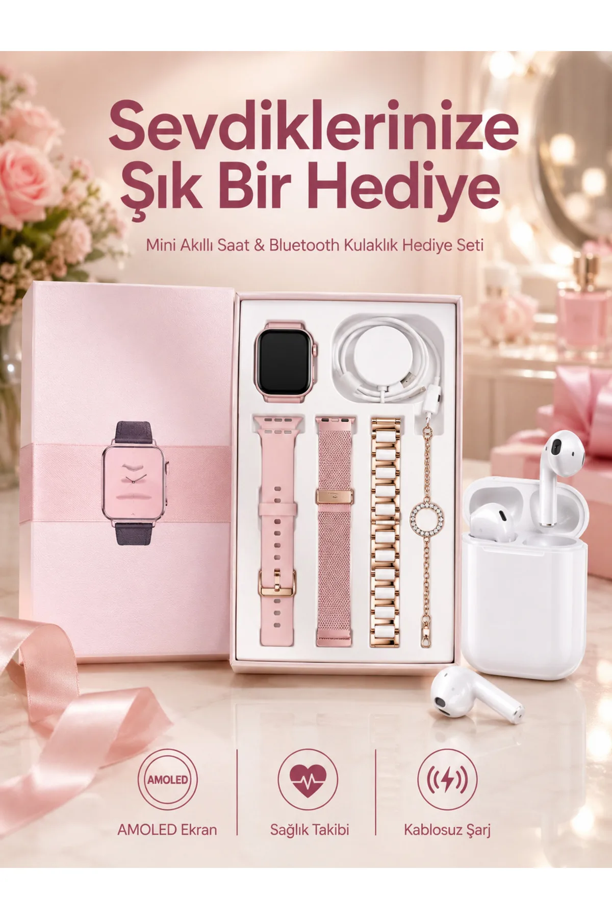 3 Kordonlu Dokunmatik Ekran Akıllı Saat ve 2.Nesil Kablosuz Bluetooth Kulaklık ANC/ENC