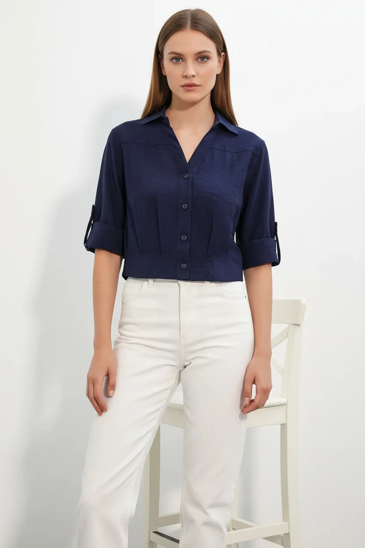 Kadın Crop Oversize Gömlek - Beyaz