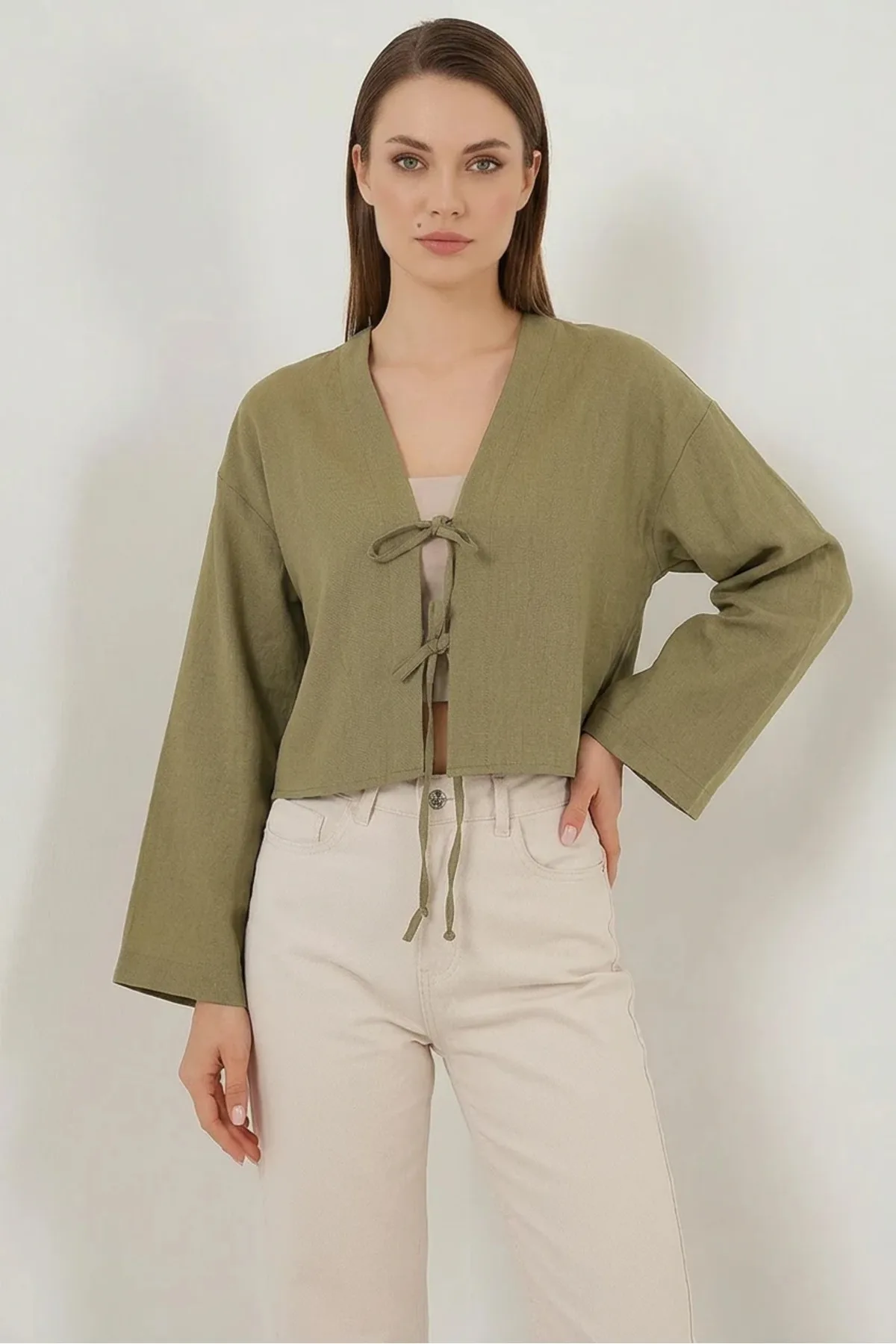 Kadın Önü Bağlamalı Keten Yeşili Çağla Kimono