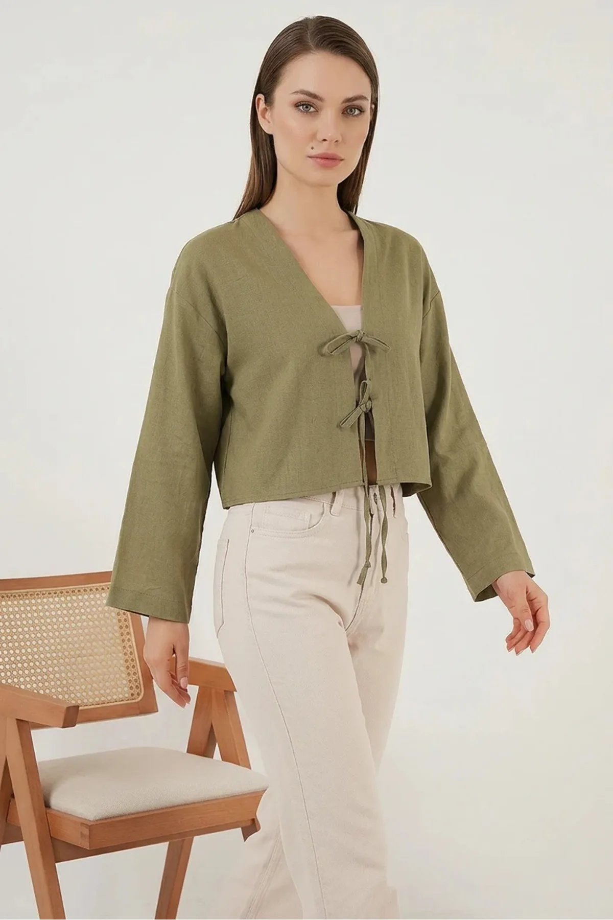 Kadın Önü Bağlamalı Keten Yeşili Çağla Kimono