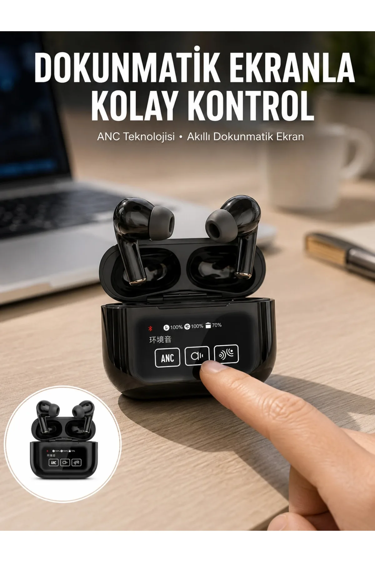 Yeni Nesil ANC Özellikli Çağrı Cevaplayan Dokunmatik Ekranlı Bluetooth Kulaklık Siyah Yeni Nesil