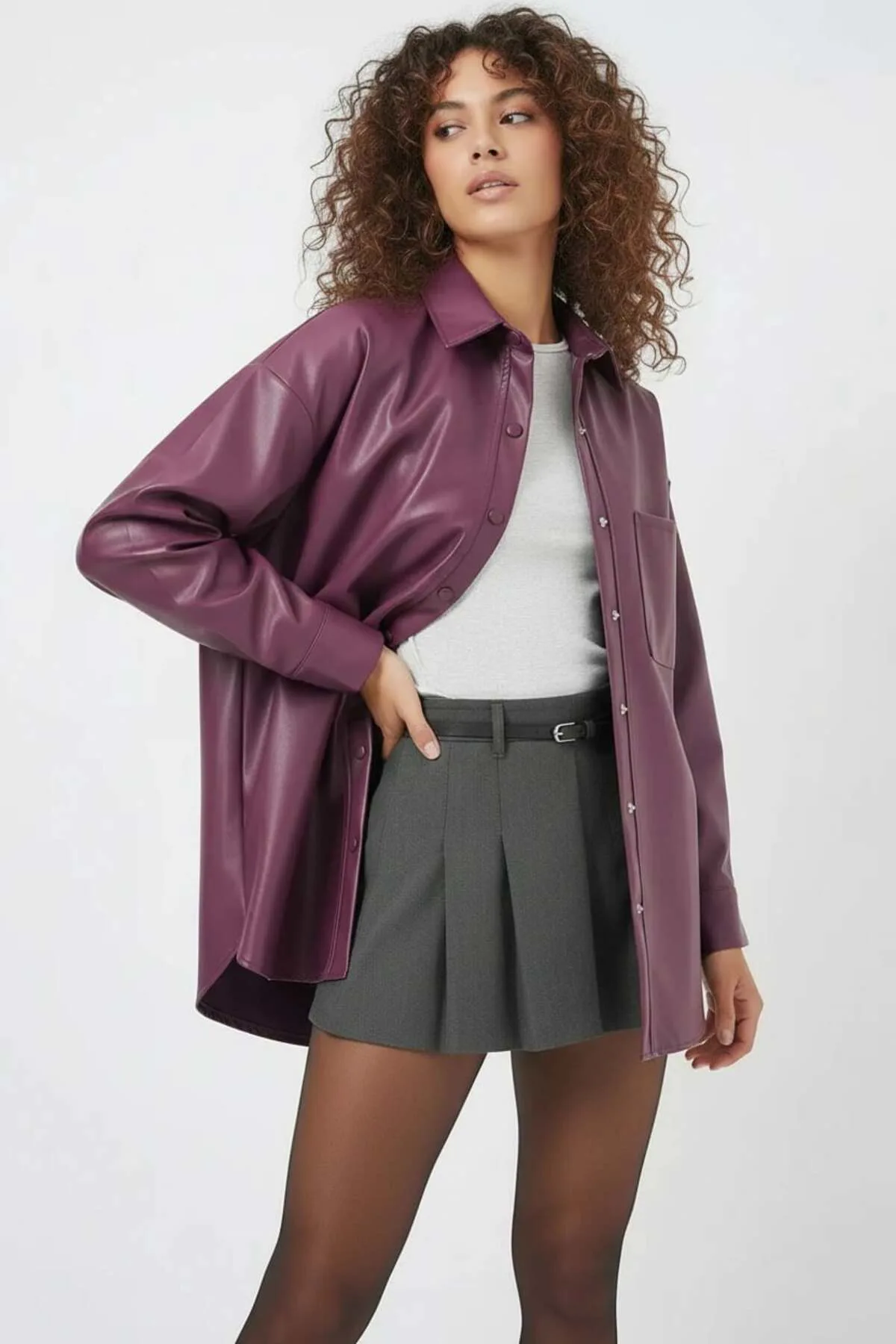 Kadın Oversize Kesim Mürdüm Gömlek