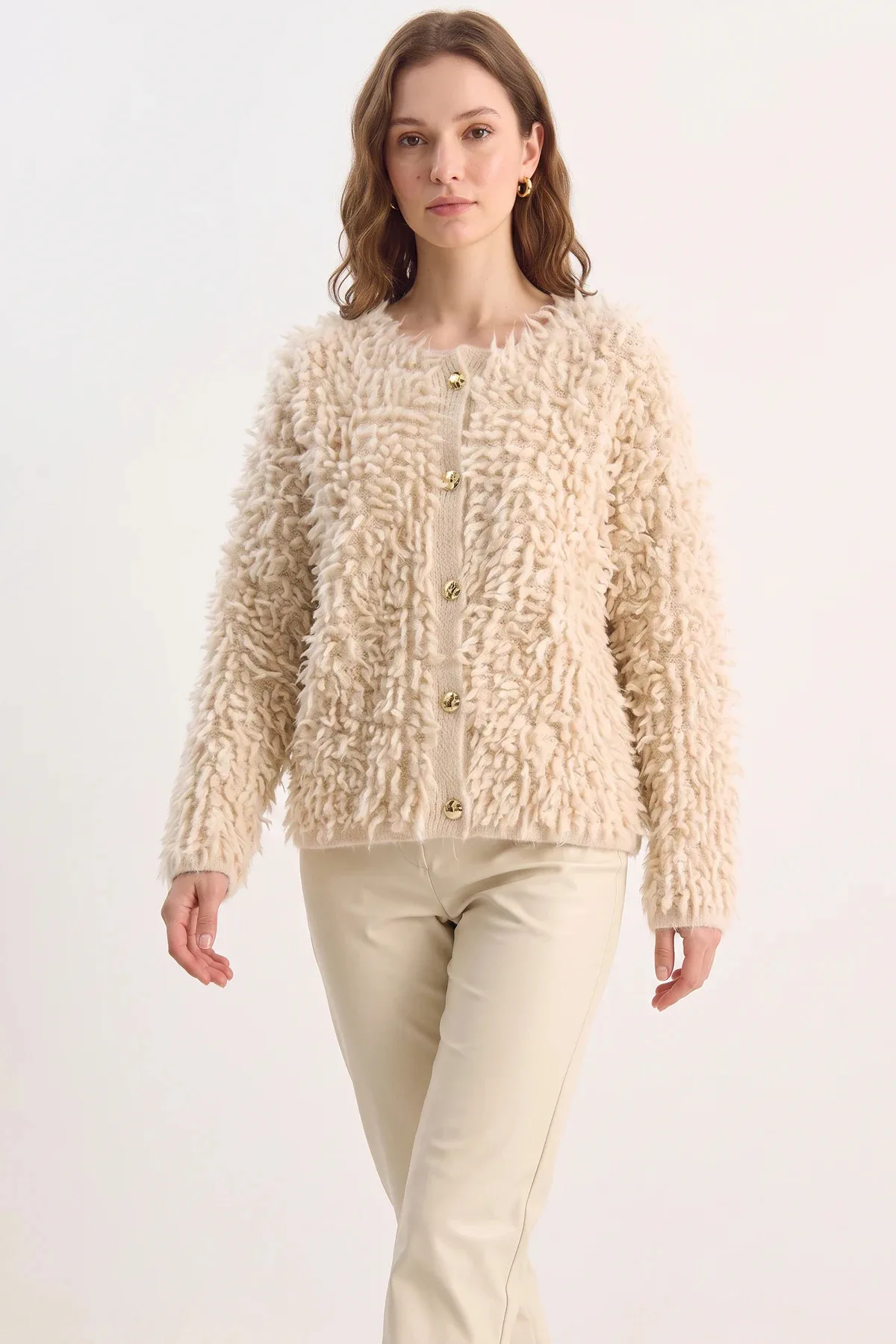 Kadın Oversize Saçaklı Triko Bej Hırka