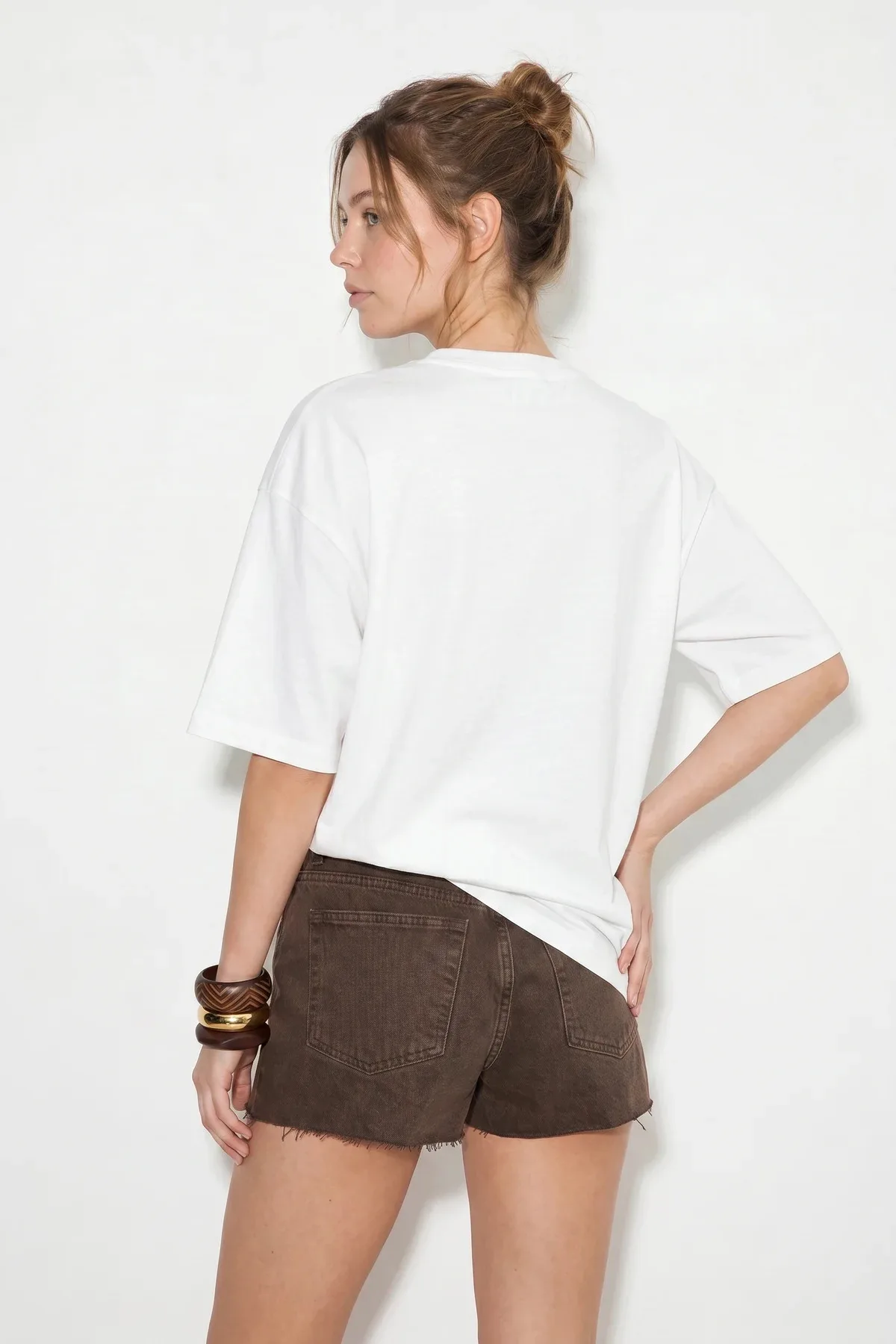 Kadın Bisiklet Yaka Kalp Baskılı Oversize Pamuklu T Shirt Beyaz