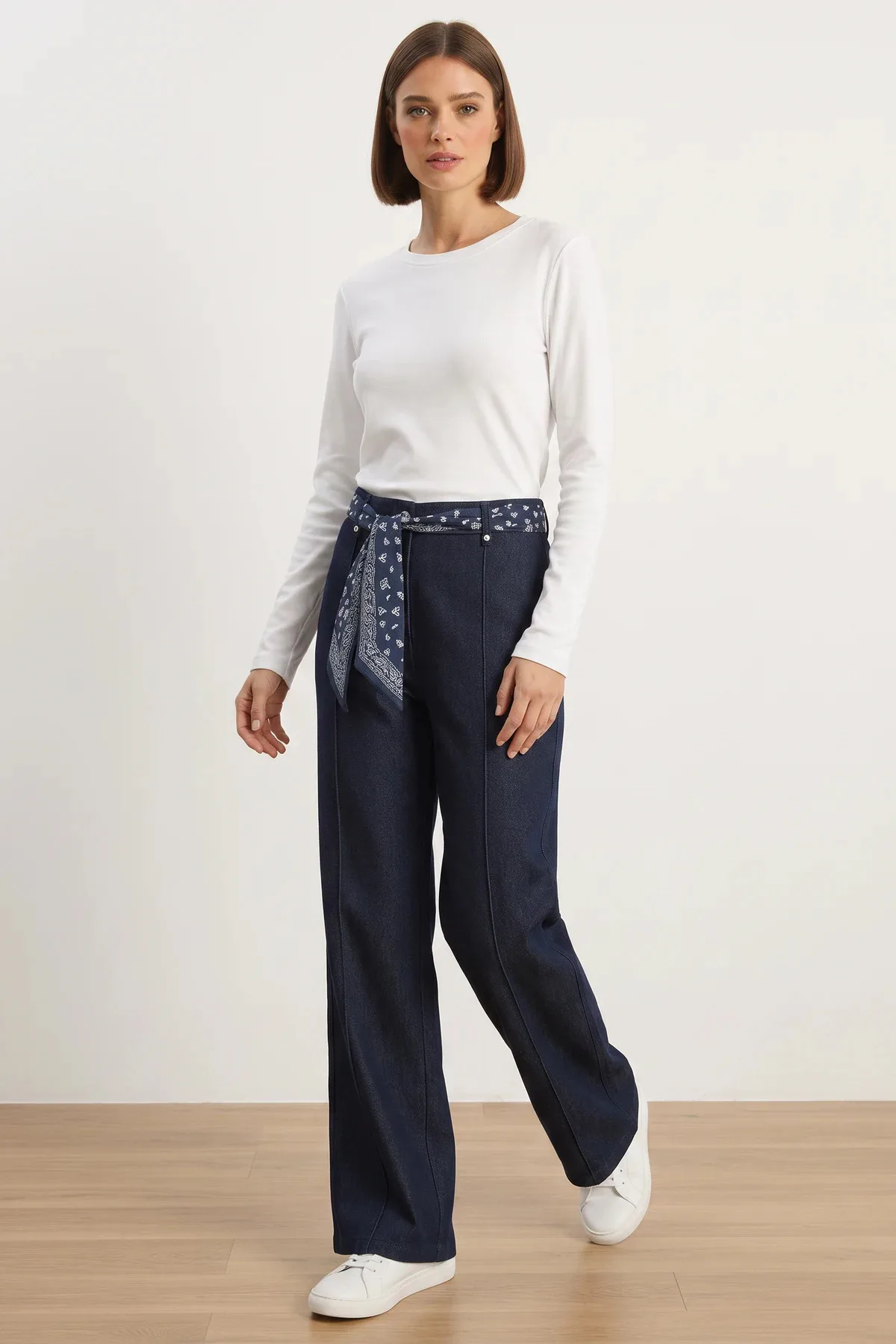 Kadın Saten Kemer Detaylı Wide Leg Denim Lacivert Pantolon