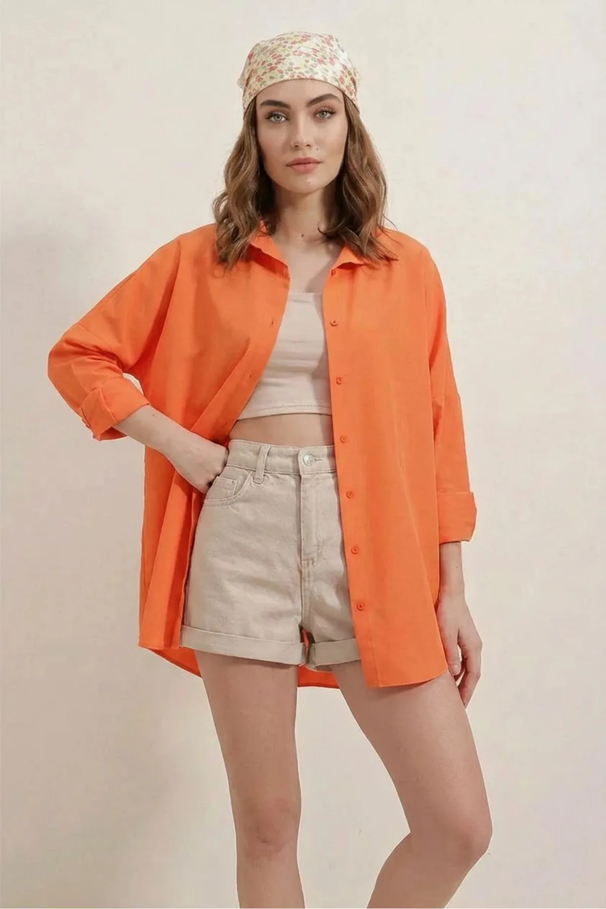 Kadın Basic Oversize Pamuklu Turuncu Gömlek