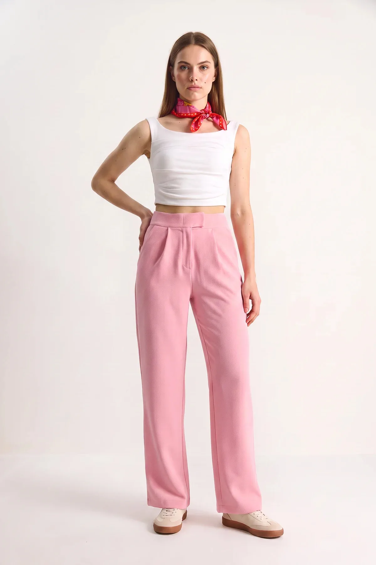 Kadın Beli Cırtlı Rahat Palazzo Toz Pembe Pantolon
