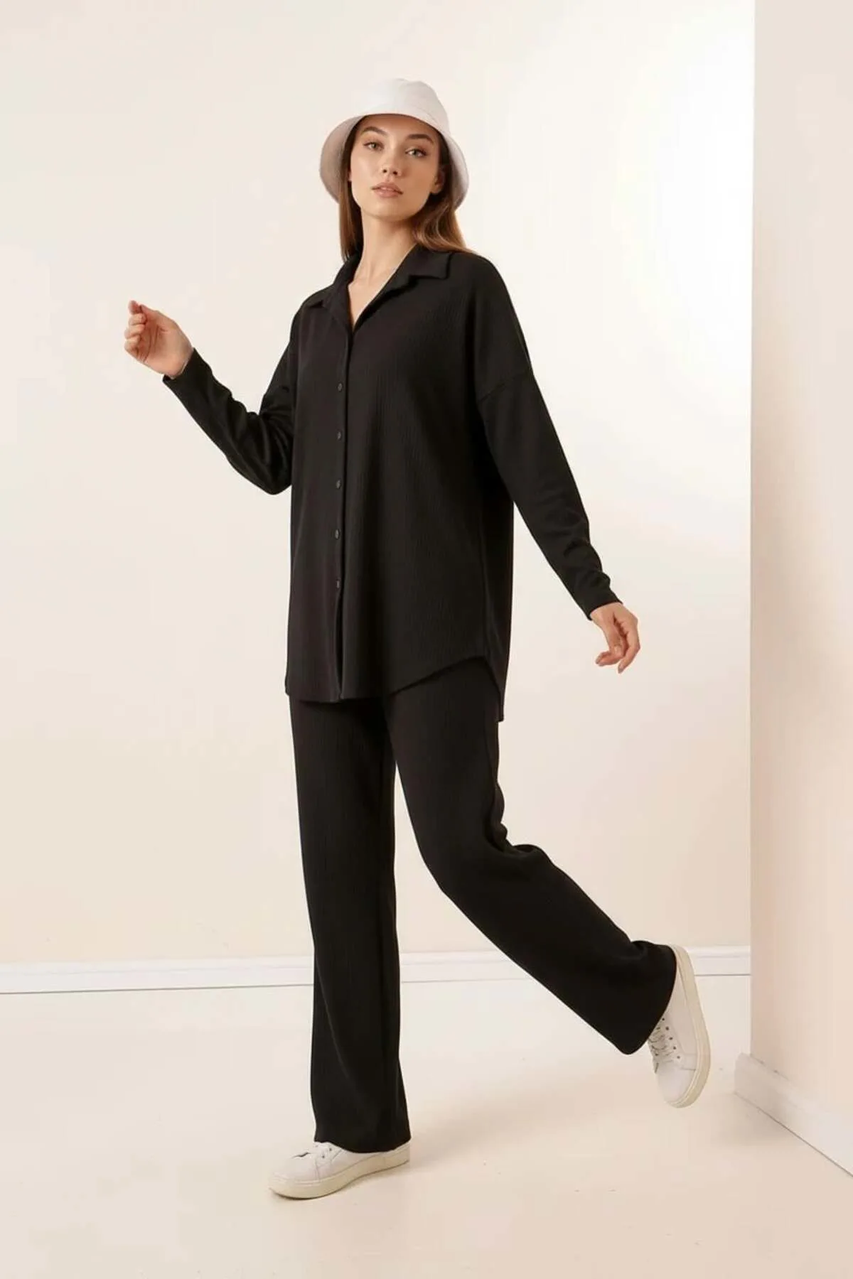 Kadın Gömlek Yaka Oversize Turuncu İkili Takım