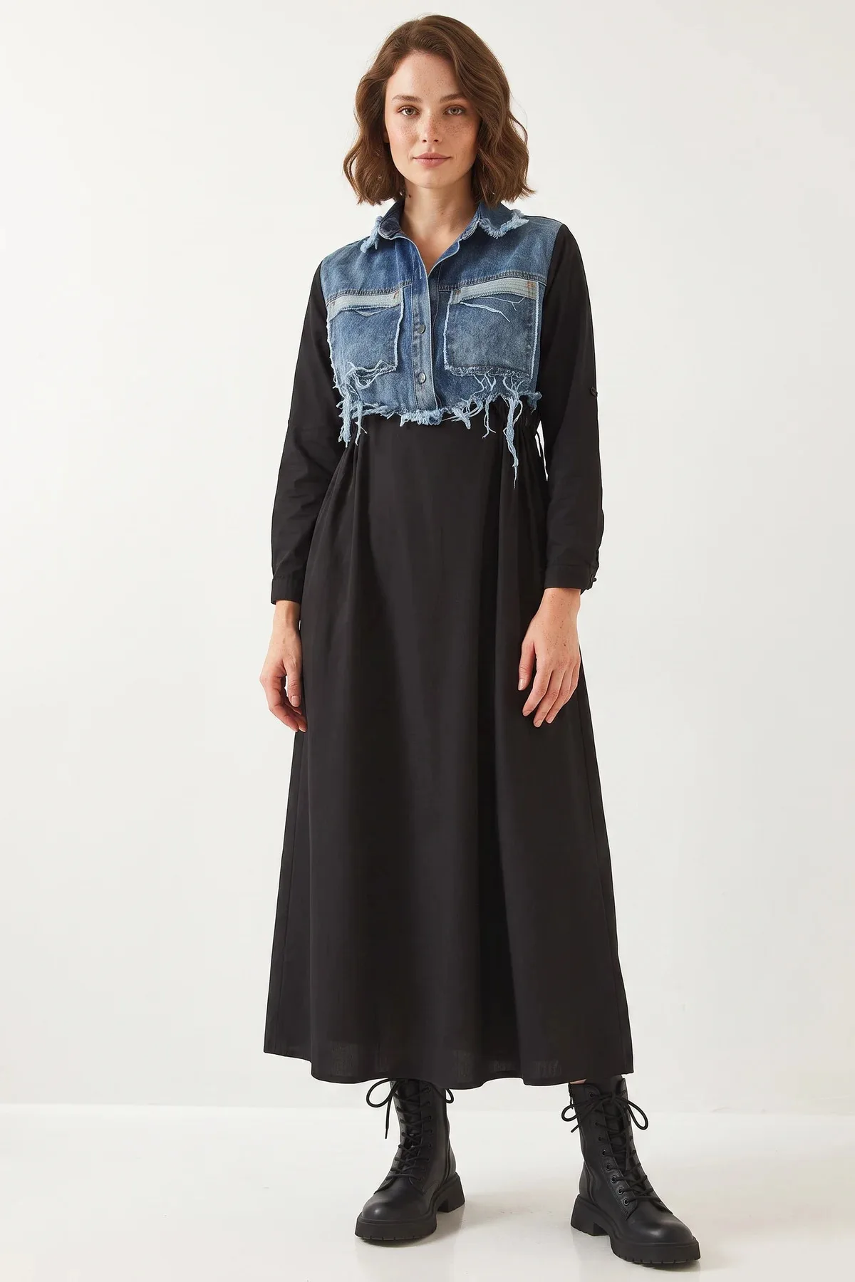 Kadın Denim Garnili Uzun Kloş Siyah Elbise