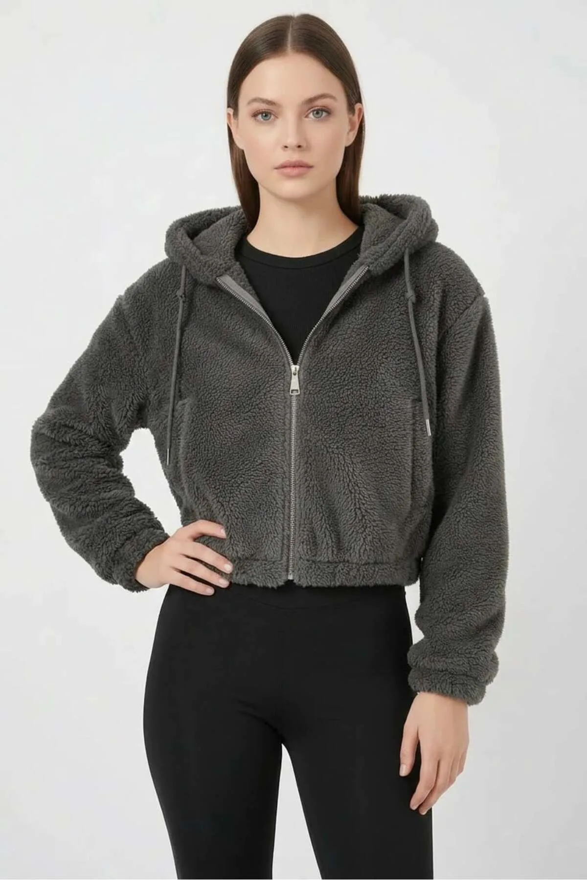 Kadın Kapüşonlu Crop Peluş Antrasit Ceket