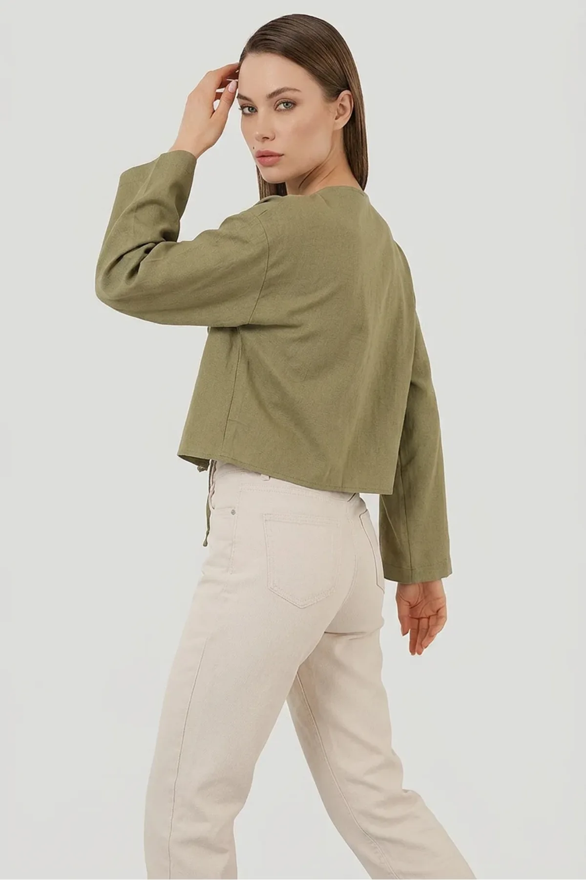 Kadın Önü Bağlamalı Keten Yeşili Çağla Kimono