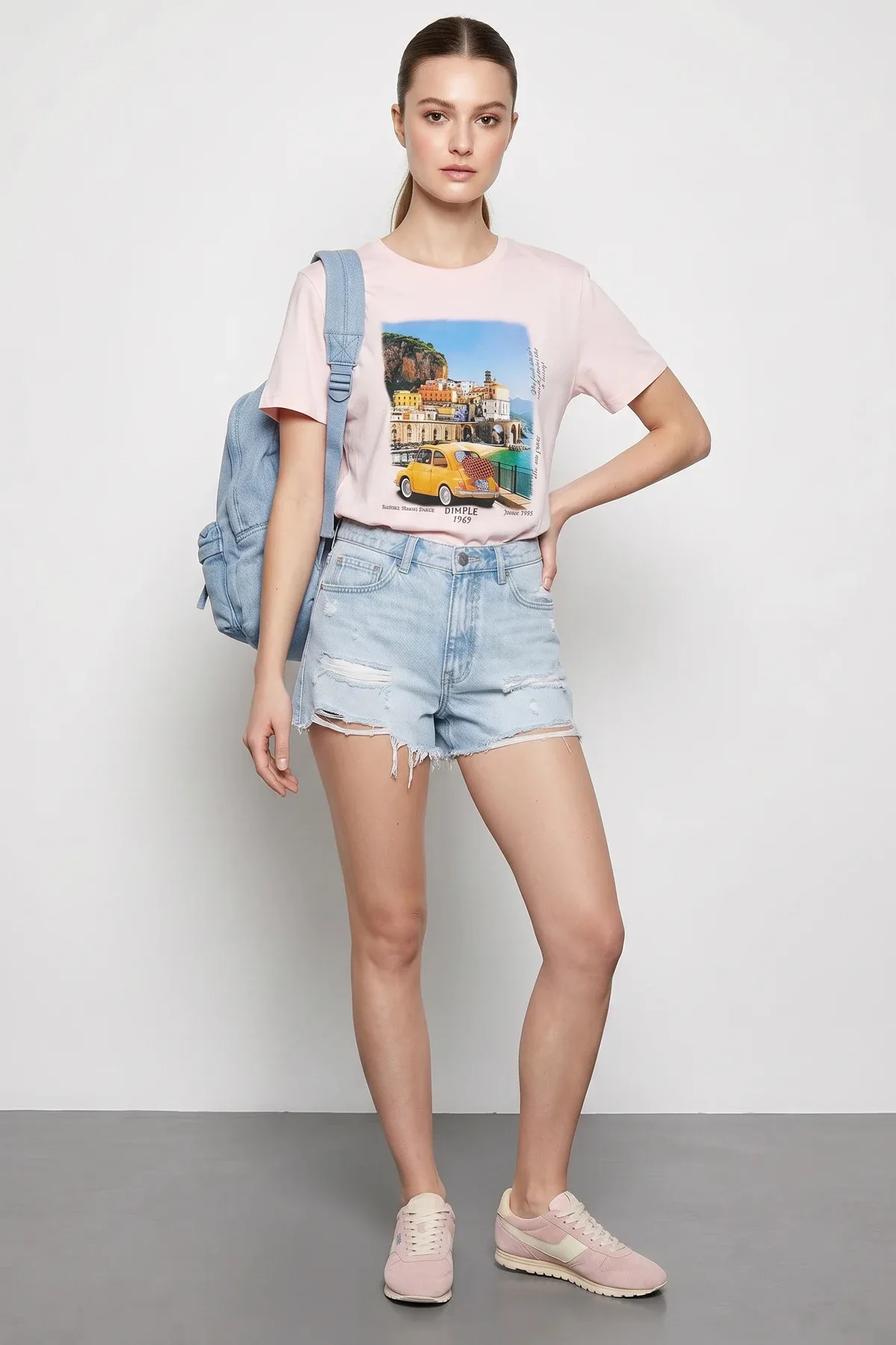 Kadın Italy Temalı Baskılı Premium Tasarım Pamuklu T Shirt Toz Pembe